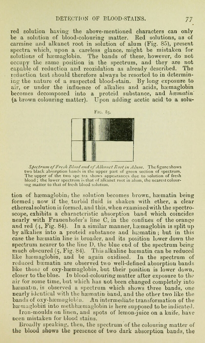 red solution having the above-mentioned characters can only he a solution of blood-colouring matter. Red solutions, aa of carmine and alkanet root in solution of alum (Fig. 85), present spectra which, upon a careless glance, might be mistaken for solutions of hasmaglobin. The bands of these, however, do not occupy the same position in the spectrum, and they are not capable of reduction and reoxidation as already described. The reduction test should therefore always be resorted to in determin- ing the nature of a suspected blood-stain. By long exposure to air, or under the influence of alkalies and acids, haomaglobin becomes decomposed into a proteid substance, and Jicematiri (a brown colouring matter). Upon adding acetic acid to a solu- Fig. 85. Spectrum of Fresh Blood'and'ofAlkanet Root in Alum. The figure shows two black absorption bands in the upper part of green section of spectrum. The upper of the two spe tra shows appearances due to solution of fresh blood ; the lower spectrum is that of alkanet root in alum, the nearest colour- ing matter to that of fresh blood solution. tion of hasmaglobin,- the solution becomes brown, hasmatin being formed; now if the. turbid fluid is shaken with ether, a clear ethereal solution is formed, and this, when examinedwith the spectro- scope, exhibits a characteristic absorption band which coincides nearly with Frauenhofer's line C, in the confines of the orange and red (4, Fig. 84). In a similar manner, Laomaglobin is split up by alkalies into a proteid substance and hiamatin; but in this case the hrcmatin line is broader, and its position lower down the spectrum nearer to the line D, the blue end of the spectrum being much obscured (5, Fig. 84). This alkaline b;ematin can be reduced like hoemaglobin, and be again oxidised. In the spectrum of reduced bEematin are observed two well-defined absorption bands like those of oxy-hsemaglobin, but their position is lower down, closer to the blue. In blood-colouring matter after exposure to the air for some time, but which has not been changed completely into baeinatm, is observed a spectrum which shows three bands, one nearly identical with the ha3matin band, and the other two like the bands of oxy-haemaglobiu. An intermediate transformation of the ha^miiglobirt into metbhujmaglobin is here supposed to be indicated. Iron-moulds on linen, and spots of lemon-juice on a knife, have Dcen mistaken for blood stains. Broadly speaking, then, the spectrum of the colouring matter of the blood shows the presence of two dark absorption bands, the