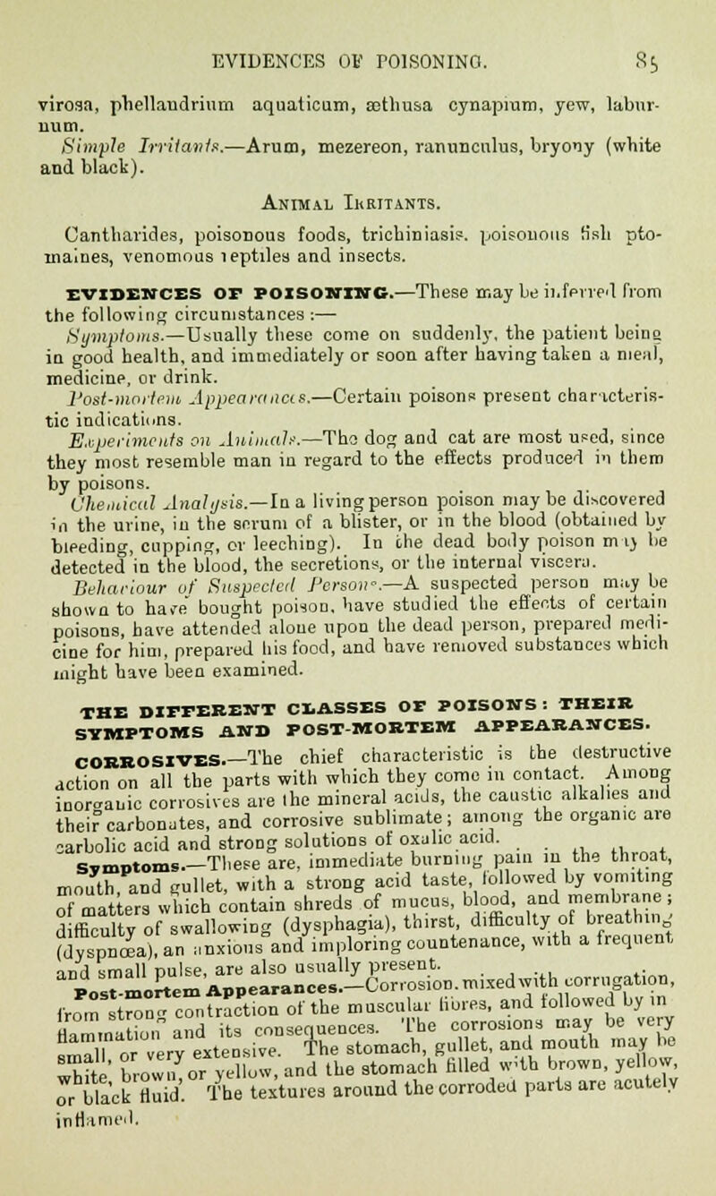 virosa, phellandrinm aquaticum, sothusa cynapium, yew, labur- num. Simple Irritants.—Arum, mezereon, ranunculus, bryony (white and black). Animal Ikritants. Cantharides, poisonous foods, trichiniasis. poisonous fish pto- maines, venomous leptiles and insects. evidences OF poisoning.—These may be ii.fprred from the following circumstances :— Symptoms.—Usually these come on suddenly, the patient being in good health, and immediately or soon after having taken a meal, medicine, or drink. 1'ost-mortem Appearances.—Certain poisons present characteris- tic indications. Experiments on Animah:—Tho dog and cat are most used, since they most resemble man in regard to the effects produced m them by poisons. Chemical Anal ijsis.—In a living person poison maybe discovered in the urine, in the scrum of a blister, or in the blood (obtained by bleeding, cupping, or leeching). In the dead body poison m iy be detected in the blood, the secretions, or the internal viscera. Behaciour of Suspected Person'.—A suspected person may be shown to hav-e bought poison, have studied the effects of certain poisons, have attended alone upon the dead person, prepared medi- cine for him, prepared bis food, and have removed substances which might have been examined. THE DIFFERENT CLASSES OF POISONS : THEIR SYMPTOMS AND POSTMORTEM APPEARANCES. CORROSIVES The chief characteristic is the destructive action on all the parts with which they come in contact Among inorganic corrosives are (he mineral acids, the caustic alkalies and their carbonates, and corrosive sublimate; among the organic are carbolic acid and strong solutions of oxalic acid. Symptoms.—These are, immediate burning pain 111 the throat, mouth, and gullet, with a strong acid taste, followedby vomiting of mat ers which contain shreds of mucus, blood, and membrane; difficulty of swallowing (dysphagia), thirst difficulty of breath in (dyspnia),an anxious and imploring countenance, with a frequent and small pulse, are also usually present. Postmortem Appearances.-Corrosion.rmxed withcorrugation, from st™ n. con traction of the muscular fibres, and followed by in flammaUon and its consequences. The corrosions may be very smT or very extensive. The stomach, gullet and mouth may be whfte browZor yellow, and the stomach filled w-th brown, yellow or black fluid. The textures around the corroded parts are acutely inflamed.