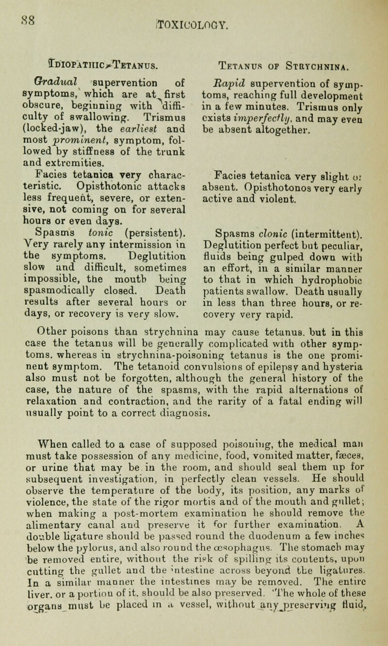 flTDIOPATinoTETANUS. Gradual supervention of symptoms, which are at first obscure, beginning with ^diffi- culty of swallowing. Trismus (locked-jaw), the earliest and most prominent, symptom, fol- lowed by stiffness of the trunk and extremities. Facies tetanica very charac- teristic. Opisthotonic attacks less frequent, severe, or exten- sive, not coming on for several hours or even days. Spasms tonic (persistent). Very rarely any intermission in the symptoms. Deglutition slow and difficult, sometimes impossible, the mouth being spasmodically closed. Death results after Beveral hours or days, or recovery is very slow. Other poisons than strychnina may cause tetanus, but in this case the tetanus will be generally complicated with other symp- toms, whereas in strychnina-poisoning tetanus is the one promi- nent symptom. The tetanoid convulsions of epilepsy and hysteria also must not be forgotten, although the general history of the case, the nature of the spasms, with the rapid alternations of relaxation and contraction, and the rarity of a fatal ending will usually point to a correct diagnosis. Tetanus op Strychnina. Rapid supervention of symp- toms, reaching full development in a few minutes. Trismus only exists imperfectly, and may even be absent altogether. Facies tetanica very slight o; absent. Opisthotonos very early active and violent. Spasms clonic (intermittent). Deglutition perfect but peculiar, fluids being gulped down with an effort, in a similar manner to that in which hydrophobic patients swallow. Death usually in less than three hours, or re- covery very rapid. When called to a case of supposed poisoning, the medical man must take possession of any medicine, food, vomited matter, faeces, or urine that may be in the room, and should seal them up for subsequent investigation, in perfectly cleau vessels. He should observe the temperature of the body, its position, any marks of violence, the state of the rigor mortis and of the mouth and gullet; when making a post-mortem examination he should remove the alimentary canal and preserve it *br further examination. A double ligature should be passed round the duodenum a few inches below the pylorus, and also round the oesophagus. The stomach may 'be removed entire, without the ripk of spilling its couteDts, upon cutting the gullet and the 'ntestine across beyond the ligatures. In a similar manner the intestines may be removed. The entire liver, or a portion of it. should be also preserved, 'The whole of these organs must be placed in «i vessel, without anyjjreserving fluid.