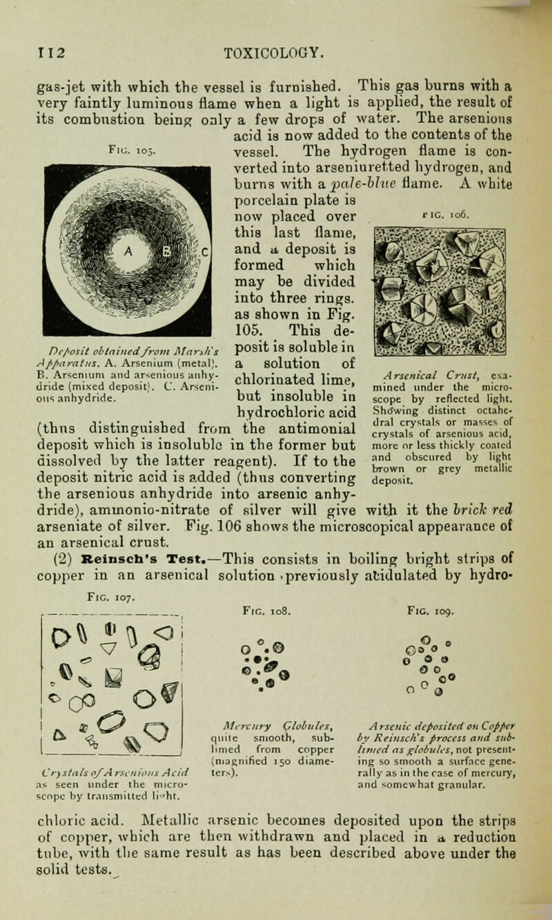 gas-jet with which the vessel is furnished. This gas burns with a very faintly luminous flame when a light is applied, the result of its combustion being only a few drops of water. The arsenions acid is now added to the contents of the Fig. 105. vessel. The hydrogen flame is con- verted into arseniuretted hydrogen, and burns with a. pah-blue flame. A white porcelain plate is now placed over rlc- lo6- this last flame, and a, deposit is formed which may be divided into three rings, as shown in Fig. 105. This de- posit is soluble in a solution of chlorinated lime, but insoluble in hydrochloric acid (thus distinguished from the antimonial deposit which is insoluble in the former but dissolved by the latter reagent). If to the deposit nitric acid is added (thus converting the arsenious anhydride into arsenic anhy- dride), amuionio-nitrate of silver will give with it the brick red arseniate of silver. Fig. 106 shows the microscopical appearance of an arsenical crust. (2) Reinseh's Test.—This consists in boiling blight strips of copper in an arsenical solution .previously acidulated by hydro- Fie. 107. Deposit obtainedfrom Afars/i: Apparatus. A. Arsenium (metal). B. Arsenium and arsenious anhy uride (mixed deposit). C. Arseni ons anhydride. A rsenical Crust, exa- mined under the micro- scope by reflected light. Shdwing distinct octahe- dral crystals or masses of crystals of arsenious acid, more or less thickly coated and obscured by light brown or grey metallic deposit. *0° OV Fie. 108. Fig. :og. o°.® Go « e 0 0 do. 0 u a Mercury Globules, A rscnic deposited on Copper quite smooth sub- by Reinseh's process and sub- limed from copper htu d as globules, not present- (magnified 150 diame- ing so smooth a surface gene- ler.*.). rally as in the rase of mercury, and somewhat granular. Crystalsoj'Arsenious Acid as seen under the micro- scope by transmitted liht. chloric acid. Metallic arsenic becomes deposited upon the strips of copper, which are then withdrawn and placed in <* reduction tube, with the same result as has been described above under the solid tests.