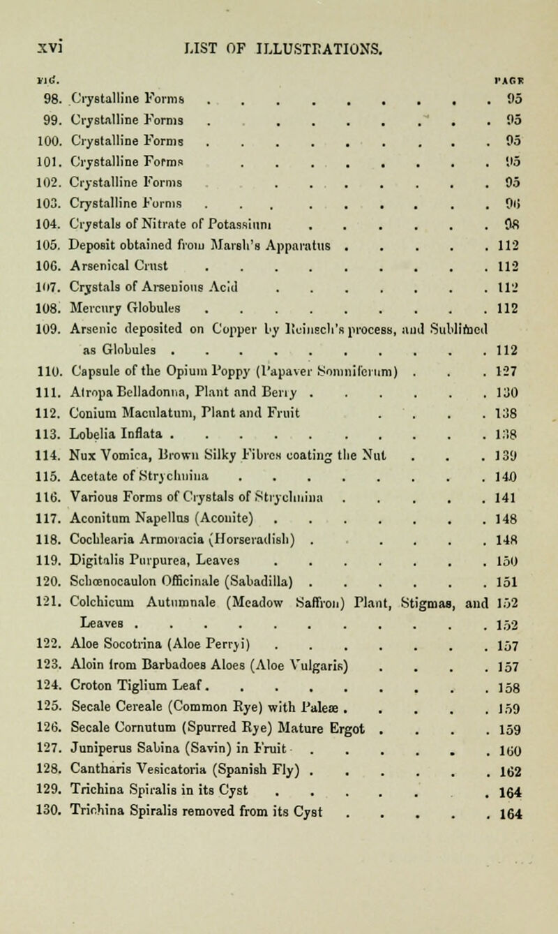 nm) wtf. 98. Crystalline Forms .... 99. Crystalline Forms 100. C'rystalliDe Forms .... 101. Crystalline Forms 102. Crystalline Forms . . . 103. Crystalline Forms ... 104. Crystals of Nitrate of Potassium 105. Deposit obtained from Marsh's Apparatus IOC. Arsenical Crust .... 107. Crystals of Arsenious Acid 108. Mercury Globules .... 109. Arsenic deposited on Copper by ltuinsch's process, and Sub as Globules ...... 110. Capsule of the Opium l'oppy (I'apaver Somiiilcr 111. Alropa Belladonna, Plant and Beny . 112. Conium Maculatuni, Plant and Fruit 113. Lobelia Inflata 114. Nux Vomica, Brown Silky Fibres coating the N 115. Acetate of Strychuina .... 116. Various Forms of Crystals of Strychnina 117. Aconitum Napellus (Acouite) 118. Cochlearia Armoiacia (Horseradish) . 119. Digitalis Purpurea, Leaves 120. Schcenocaulon Officinale (Sabadilla) . 121. Colchicuui Autumnale (Meadow Saffron) Plan Leaves ....... 122. Aloe Socotrina (Aloe Perryi) 123. Aloin lroni Barbadoes Aloes (Aloe Vulgaris) 124. Croton Tiglium Leaf 125. Secale Cereale (Common Bye) with Palese . 126. Secale Cornutum (Spurred Bye) Mature Ergot 127. Juniperus Sabina (Savin) in Fruit 128. Cantharis Vesicatoria (Spanish Fly) . 129. Trichina Spiralis in its Cyst 130. Trichina Spiralis removed from its Cyst Nut t, Stigmas I'AGK . 95 . 95 . 95 95 95 , 96 98 112 112 112 112 limed and 112 127 130 138 138 139 14/) 141 148 148 150 151 152 152 157 157 158 159 159 160 162 164 164