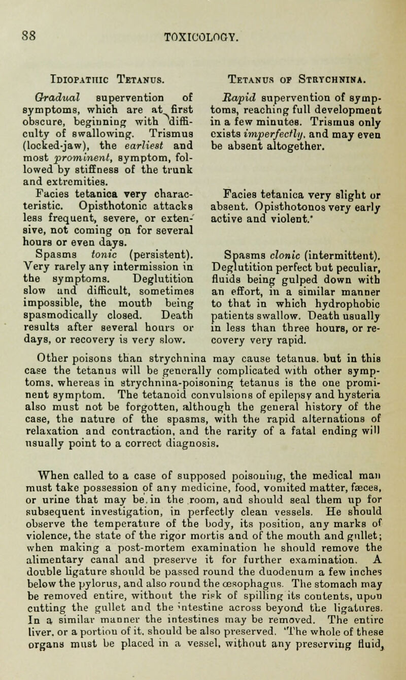 Idiopathic Tetanus. Gradual supervention of symptoms, which are at first obscure, begiuniug with diffi- culty of swallowing. Trismus (locked-jaw), the earliest and most prominent, symptom, fol- lowed by stiffness of the trunk and extremities. Facies tetanica very charac- teristic. Opisthotonic attacks less frequent, severe, or exten- sive, not coming on for several hours or even days. Spasms tonic (persistent). Very rarely any intermission in the symptoms. Deglutition slow and difficult, sometimes impossible, the mouth being spasmodically closed. Death results after several hours or days, or recovery is very slow. Other poisons than strychnina may cause tetanus, but in this case the tetanus will be generally complicated with other symp- toms, whereas in strychnina-poisoning tetanus is the one promi- nent symptom. The tetanoid convulsions of epilepsy and hysteria also must not be forgotten, although the general history of the case, the nature of the spasms, with the rapid alternations of relaxation and contraction, and the rarity of a fatal ending will usually point to a correct diagnosis. Tetanus op Strychnin*. Rapid supervention of symp- toms, reaching full development in a few minutes. Trismus only exists imperfectly, and may even be absent altogether. Facies tetanica very slight or absent. Opisthotonos very early active and violent. Spasms clonic (intermittent). Deglutition perfect but peculiar, fluids being gulped down with an effort, in a similar manner to that in which hydrophobic patients swallow. Death usually in less than three hours, or re- covery very rapid. When called to a case of supposed poisoning, the medical man must take possession of any medicine, food, vomited matter, faeces, or urine that may be.in the room, and should seal them up for subsequent investigation, in perfectly clean vessels. He should observe the temperature of the body, its position, any marks of violence, the state of the rigor mortis and of the mouth and gullet; when making a post-mortem examination he should remove the alimentary canal and preserve it for further examination. A double ligature should be passed round the duodenum a few inches below the pylorus, and also round the oesophagus. The stomach may be removed entire, without the risk of spilling its contents, upon cutting the gullet and the 'ntestine across beyond the ligatures. In a similar manner the intestines may be removed. The entire liver, or a portiou of it. should be also preserved. 'The whole of these organs must be placed in a vessel, without any preserving fluidi