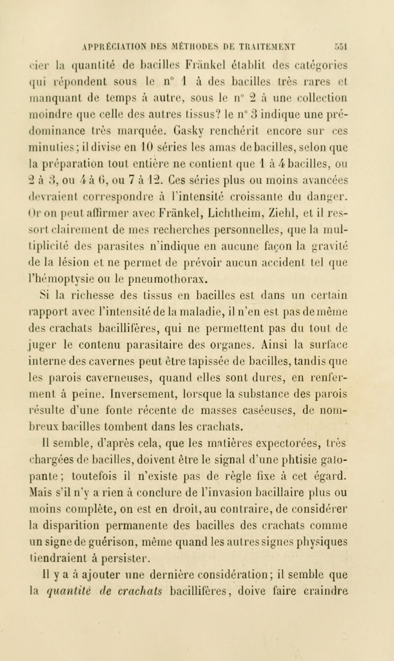 cier la quantité de bacilles Frànkel établit des catégories qui répondent sous Le n 1 à des bacilles très rares el manquant de temps à autre, sous le n 2 à une collection moindre que celle îles autres tissus? le n°3 indique une pré- dominance li'è- marquée. Gasky rencliéril encore sur eus minuties; il divise en 10 séries les amas de bacilles, selon que la préparation tout entière ne contient que 1 à A bacilles, ou 2 à .!, ou i à (I, ou 7 à 1:2. Ces séries plus ou moins avancées devraient correspondre à l'intensité croissante du danger. Or on peut affirmer avec Frànkel, Lichtheim, Ziehl, et il re>- sorl clairement de mes recherches personnelles, que la mul- tiplicité des parasites n'indique en aucune façon la gravité de la lésion et ne permet de prévoir aucun accident tel que l'hémoptysie ou le pneumothorax. Si la richesse des tissus en bacilles est dans un certain rapport avec l'intensité de la maladie, il n'en est pas de même des crachais bacillifères, qui ne permettent pas du tout de juger le contenu parasitaire des organes. Ainsi la surface interne des cavernes peut être tapissée de bacilles, tandis que les parois caverneuses, quand elles sont dures, en renfer- ment à peine. Inversement, lorsque la substance des parois résulte d'une fonte récente de masses caséeuses, de nom- breux bacilles tombent dans les crachats. Il semble, d'après cela, que les matières expectorées, très chargées de bacilles, doivent être le signal d'une phtisie galo- pante; toutefois il n'existe pas de règle fixe à cet égard. Mais s'il n'y a rien à conclure de l'invasion bacillaire plus ou moins complète, on est en droit, au contraire, de considérer la disparition permanente des bacilles des crachats comme un signe de guérison, même quand les autres signes physiques tiendraient à persister. il y a à ajouter une dernière considération; il semble que la quantité de crachais bacillifères, doive faire craindre