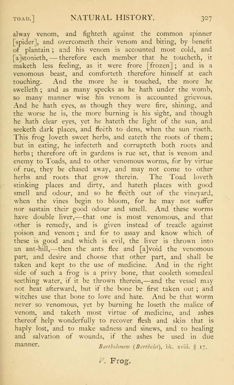 alway venom, and fighteth against the common spinner [spider], and overcometh their venom and biting, by benefit of plantain ; and his venom is accounted most cold, and [a]stonieth, — therefore each member that he toucheth, it maketh less feeling, as it were frore [frozen] ; and is a venomous beast, and comforteth therefore himself at each touching. And the more he is touched, the more he swelleth ; and as many specks as he hath under the womb, so many manner wise his venom is accounted grievous. And he hath eyes, as though they were fire, shining, and the worse he is, the more burning is his sight, and though he hath clear eyes, yet he hateth the light of the sun, and seeketh dark places, and fleeth to dens, when the sun riseth. This frog loveth sweet herbs, and eateth the roots of them; but in eating, he infecteth and corrupteth both roots and herbs; therefore oft in gardens is rue set, that is venom and enemy to Toads, and to other venomous worms, for by virtue of rue, they be chased away, and may not come to other herbs and roots that grow therein. The Toad loveth stinking places and dirty, and hateth places with good smell and odour, and so he fleeth out of the vineyard, when the vines begin to bloom, for he may not suffer nor sustain their good odour and smell. And these worms have double liver,—that one is most venomous, and that other is remedy, and is given instead of treacle against poison and venom ; and for to assay and know which of these is good and which is evil, the liver is thrown into an ant-hill,—then the ants flee and [a]void the venomous part, and desire and choose that other part, and shall be taken and kept to the use of medicine. And in the right side of such a frog is a privy bone, that cooleth somedeal seething water, if it be thrown therein,—and the vessel may not heat afterward, but if the bone be first taken out ; and witches use that bone to love and hate. And be that worm never so venomous, yet by burning he loseth the malice of venom, and taketh most virtue of medicine, and ashes thereof help wonderfully to recover flesh and skin that is haply lost, and to make sadness and sinews, and to healing and salvation of wounds, if the ashes be used in due manner. Barthlomezv {Berth/et), bk. xviii. § 17.