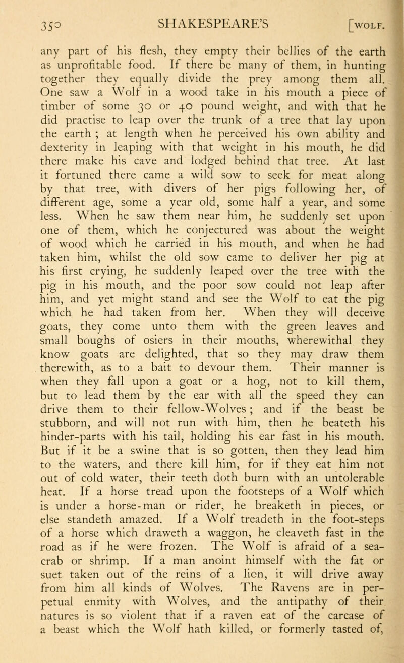 any part of his flesh, they empty their bellies of the earth as unprofitable food. If there be many of them, in hunting together they equally divide the prey among them all. One saw a Wolf in a wood take in his mouth a piece of timber of some 30 or 40 pound weight, and with that he did practise to leap over the trunk of a tree that lay upon the earth ; at length when he perceived his own ability and dexterity in leaping with that weight in his mouth, he did there make his cave and lodged behind that tree. At last it fortuned there came a wild sow to seek for meat along by that tree, with divers of her pigs following her, of different age, some a year old, some half a year, and some less. When he saw them near him, he suddenly set upon one of them, which he conjectured was about the weight of wood which he carried in his mouth, and when he had taken him, whilst the old sow came to deliver her pig at his first crying, he suddenly leaped over the tree with the pig in his mouth, and the poor sow could not leap after him, and yet might stand and see the Wolf to eat the pig which he had taken from her. When they will deceive goats, they come unto them with the green leaves and small boughs of osiers in their mouths, wherewithal they know goats are delighted, that so they may draw them therewith, as to a bait to devour them. Their manner is _ when they fall upon a goat or a hog, not to kill them, M but to lead them by the ear with all the speed they can drive them to their fellow-Wolves ; and if the beast be « stubborn, and will not run with him, then he beateth his ■ hinder-parts with his tail, holding his ear fast in his mouth. But if it be a swine that is so gotten, then they lead him to the waters, and there kill him, for if they eat him not out of cold water, their teeth doth burn with an untolerable heat. If a horse tread upon the footsteps of a Wolf which is under a horse-man or rider, he breaketh in pieces, or else standeth amazed. If a Wolf treadeth in the foot-steps of a horse which draweth a waggon, he cleaveth fast in the road as if he were frozen. The Wolf is afraid of a sea- crab or shrimp. If a man anoint himself with the fat or suet taken out of the reins of a lien, it will drive away from him all kinds of Wolves. The Ravens are in per- petual enmity with Wolves, and the antipathy of their natures is so violent that if a raven eat of the carcase of a beast which the Wolf hath killed, or formerly tasted of,