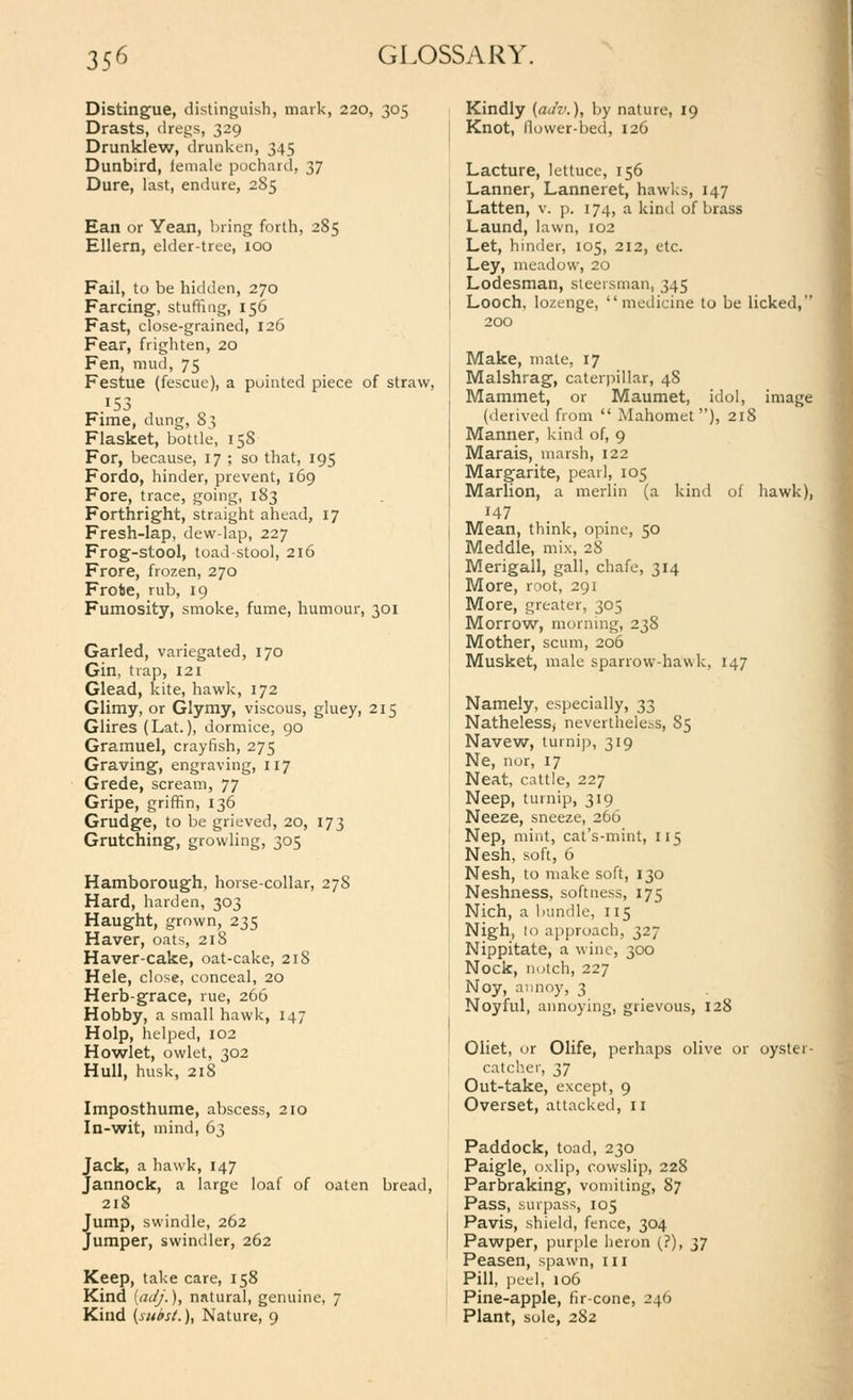 Distingue, distinguish, mark, 220, 305 Drasts, drej^s, 329 Drunklew, drunken, 345 Dunbird, female pochard, 37 Dure, last, endure, 2S5 Ean or Yean, bring forth, 285 Ellern, elder-tree, 100 Fail, to be hidden, 270 Farcing', stuffuig, 156 Fast, close-grained, 126 Fear, frighten, 20 Fen, mud, 75 Festue (fescue), a pointed piece of straw, Fime, dung, 83 Flasket, bottle, 158 For, because, 17 ; so that, 195 Fordo, hinder, prevent, 169 Fore, trace, going, 183 Forthright, straight ahead, 17 Fresh-lap, dew-lap, 227 Frog-stool, toadstool, 216 Frore, frozen, 270 Frote, rub, 19 Fumosity, smoke, fume, humour, 301 Garled, variegated, 170 Gin, trap, 121 dead, kite, hawk, 172 Glimy, or Glymy, viscous, gluey, 215 Glires (Lat.), dormice, 90 Gramuel, crayfish, 275 Graving, engraving, 117 Grede, scream, 77 Gripe, grififin, 136 Grudge, to be grieved, 20, 173 Grutching, growling, 305 Hamborough, horse-collar, 278 Hard, harden, 303 Haught, grown, 235 Haver, oats, 218 Haver-cake, oat-cake, 218 Hele, close, conceal, 20 Herb-grace, rue, 266 Hobby, a small hawk, 147 Holp, helped, 102 Howlet, owlet, 302 Hull, husk, 218 Imposthume, abscess, 210 In-vrit, mind, 63 Jack, a hawk, 147 Jannock, a large loaf of oaten bread, 218 Jump, swindle, 262 Jumper, swindler, 262 Keep, take care, 158 Kind {aJJ.), natural, genuine, 7 Kind {subsL), Nature, 9 Kindly (aJv.), by nature, 19 Knot, llower-bed, 126 Lacture, lettuce, 156 Lanner, Lanneret, hawks, 147 Latten, v. p. 174, a kind of brass Laund, lawn, 102 Let, hinder, 105, 212, etc. Ley, meadow, 20 Lodesman, steersman, 345 Looch, lozenge, medicine to be licked, 200 Make, mate, 17 Malshrag, caterpillar, 48 Mammet, or Maumet, idol, image (derived from Mahomet), 218 Manner, kind of, 9 Marais, marsh, 122 Margarite, pearl, 105 Marlion, a merlin (a kind of hawk), 147 Mean, think, opine, 50 Meddle, mix, 28 Merigall, gall, chafe, 314 More, root, 291 More, greater, 305 Morrow, morning, 238 Mother, scum, 206 Musket, male sparrow-hawk, 147 Namely, especially, 33 NathelesSj nevertheless, 85 Navevy, turniji, 319 Ne, nor, 17 Neat, cattle, 227 Neep, turnip, 319 Neeze, sneeze, 266 Nep, mint, cat's-mint, 115 Nesh, soft, 6 Nesh, to make soft, 130 Neshness, softness, 175 Nich, a bundle, 115 Nigh, lo approach, 327 Nippitate, a wine, 300 Nock, notch, 227 Noy, annoy, 3 Noyful, annoying, grievous, 128 Oliet, or Olife, perhaps olive or oyster- catcher, 37 Out-take, except, 9 Overset, attacked, 11 Paddock, toad, 230 Paigle, oxlip, cowslip, 228 Parbraking, vomiting, 87 Pass, surpass, 105 Pavis, shield, fence, 304 Pawper, purple heron (?), 37 Peasen, spawn, iii Pill, peul, 106 Pine-apple, tlr-cone, 246 Plant, sole, 282