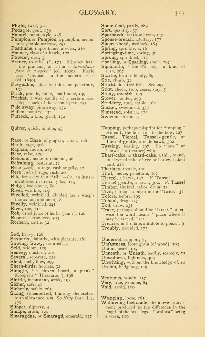 Plight, twist, 324 Podagre, gout, 159 Pointel, point, style, 338 Pompion, or Pumpion, a pumpkin, melon, or vegetable-marrow, 251 Posthume, imposthume, abscess, 210 Pounce, claw of a hawk, 107 Powder, dust, 5 Prance, to rebel (?), 173. Minsheu has: the prancing of a horse, tui/iuliuose flare et strepere (ed. 1629). Florio uses prance in the modern sense (ed. 1659) Pregnable, able to take, or penetrate, 131 Prick, prickle, spine, small bone, 139 Pricket, a wax candle of a certain size, 266 ; a buck of the second year, 251 Pule a^way, pine away, 132 Pullen, poultry, 432 Puttock, a kite, glead, 172 Quiver, quick, nimble, 45 Race, or Raze (of ginger), a root, 126 Rank, rage, 306 Raphan, radish, 219 Rear, raise, 129 Rebound, make to rebound, 96 Refraining, restraint, 21 Rese {verb), to rage, rush angrily, 17 Rese {stibsf.), rage, rush, 20 Rib, dressed with a rib—2.^.. an instru- ment used in dressing flax, 115 Ridge, back-bone, 89 Rivel, wrinkle, 109 Rivelled, wrinkled, divided (as a wasp's thorax and abdomen), 8 Rivelly, wrinkled, 241 Rivet, roe, 114 Rob, dried juice of herbs (jam ?), 126 Rosere, a rose-tree, 303 Rothern, cattle, 32 Sad, heavy, 126 Savourly, daintily, with pleasure, 281 Sawing, Sawy, serrated, 31 Seld, seldom, 129 Senvey, mustard, 212 Several, separate, 222 Shed, melt, flow, 299 Shern-birds, hornets, 32 Shingle, a cloven board, a plank (Cooper's Thesaurus), 198 Shittle, inconstant, weak, 193 Sicher, safe, 41 Sicherly, safely, 265 Sizing (themselves), limiting themselves to an allowance, 309. So Kin^ Lear, ii. 4, 178 Slipper, slippery, 4 Sraape, crush, 124 Smaragdus, or Smaragd, emerald, 137 Some-deal, partly, 289 Sort, quantity, 57 Sparhawk, sparrow-hawk, 147 Spouse-breach, adultery, 177 Spouse-head, wedlock, 183 Spring, sprinkle, 4, 16 Springing-time, spring, 30 Sprung, sprinkled, 115 bpurling, or Sparling, smelt, 297 Squinauth, camel's hay, a kind of rush, 267 Startle, leap suddenly, 89 Stie, climb, 31 Stockfish, dried fish. See 297 Stint, check, stop, cease, stay, 5 Stony, astonish, 199 Stover, fodder, 299 Studdery, stud, stable, 162 Sucket, sweetmeat, 335 Sunstead, solstice, 172 Sweven, dream, 3 Tapping, perhaps misprint for topping, evidently the horn tips to the bow, 227 Tassel, Tiercel, Tassel - gentle, or Tiercel-gentle, a male hawk, 302 Tawing, beating, 297. So taw or tawes, a (leather) whip Tharf-cake, or thard-cake, a thin, round, unleavened cake of rye or barley, baked hard, 218 Theriaca, treacle, 100 Thirl, pierce, penetrate, 167 Tiercel, a hawk, 147. V. Tassel Tiercel-gentle, a hawk, 302. V. Tassel Timber, timbrel, tabor, drum, 33 Tivit, [lerhaps a misprint for twite, 37 Tofore, before, 299 Tohaul, drag, 157 Toll, draw, 231 Trace, perhaps should be tract, other- wise the word means place where it may be traced, 141 Treacle, mithridate, antidote to poison, 9 Troubly, troubled, 175 Underset, support, 77 Unfastness, loose grain (of wood), 303 Union, pearl, 105 Unneath, or Uneath, hardly, scarcely, 20 Unsadness, lightness, 303 Unwitting, without the knowledge of, 44 Urchin, hedgehog, 149 Ventuous, windy, 157 Very, true, genuine, 84 Void, avoid, 100 Wagging, loose, 261 Wallowing feet aside, the uneven move- ment produced by the difference in the length of the fox's legs— wallow being a wave, 119