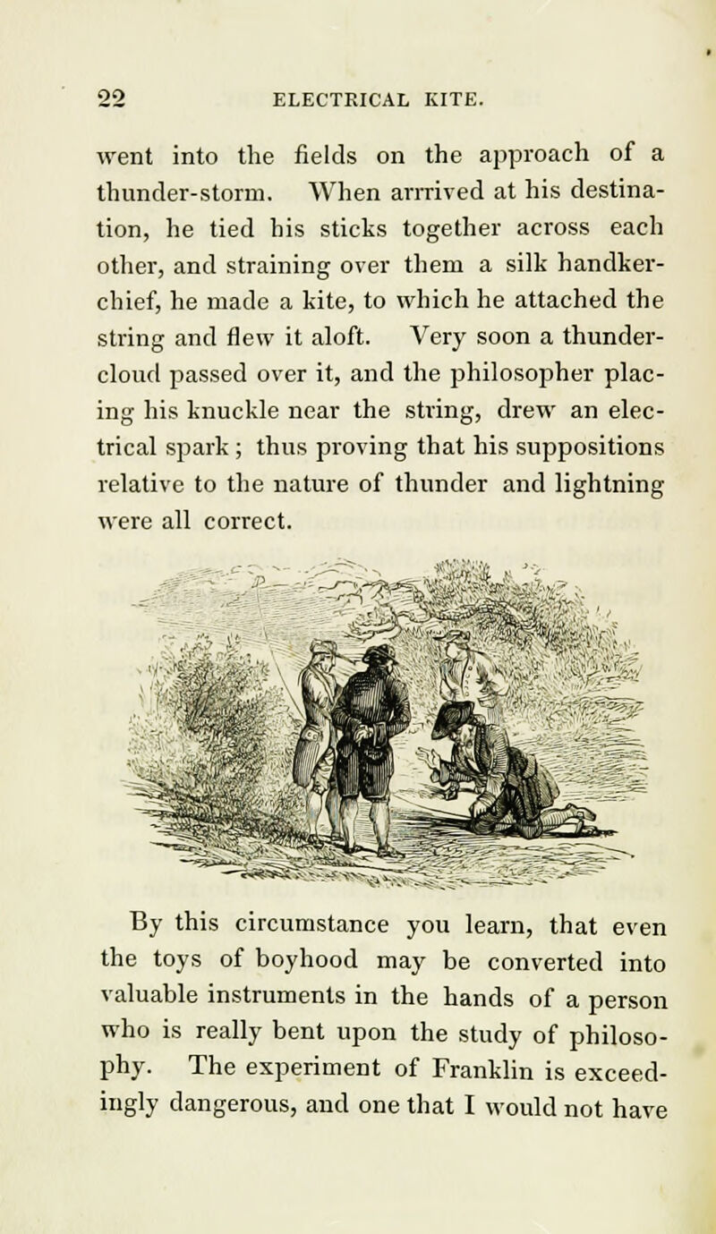 went into the fields on the approach of a thunder-storm. When arrrived at his destina- tion, he tied his sticks together across each other, and straining over them a silk handker- chief, he made a kite, to which he attached the string and flew it aloft. Very soon a thunder- cloud passed over it, and the philosopher plac- ing his knuckle near the string, drew an elec- trical spark ; thus proving that his suppositions relative to the nature of thunder and lightning were all correct. By this circumstance you learn, that even the toys of boyhood may be converted into valuable instruments in the hands of a person who is really bent upon the study of philoso- phy. The experiment of Franklin is exceed- ingly dangerous, and one that I would not have