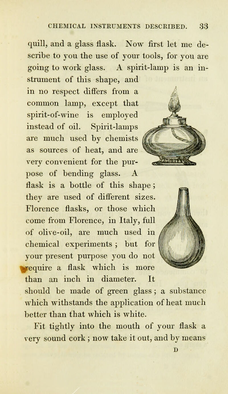 quill, and a glass flask. Now first let me de- scribe to you the use of your tools, for you are going to work glass. A spirit-lamp is an in- strument of this shape, and in no respect differs from a common lamp, except that spirit-of-wine is employed instead of oil. Spirit-lamps are much used by chemists as sources of heat, and are very convenient for the pur- pose of bending glass. A flask is a bottle of this shape; they are used of different sizes. Florence flasks, or those which come from Florence, in Italy, full of olive-oil, are much used in chemical experiments ; but for your present purpose you do not Require a flask which is more than an inch in diameter. It should be made of green glass ; a substance which withstands the application of heat much better than that which is white. Fit tightly into the mouth of your flask a very sound cork ; now take it out, and by means