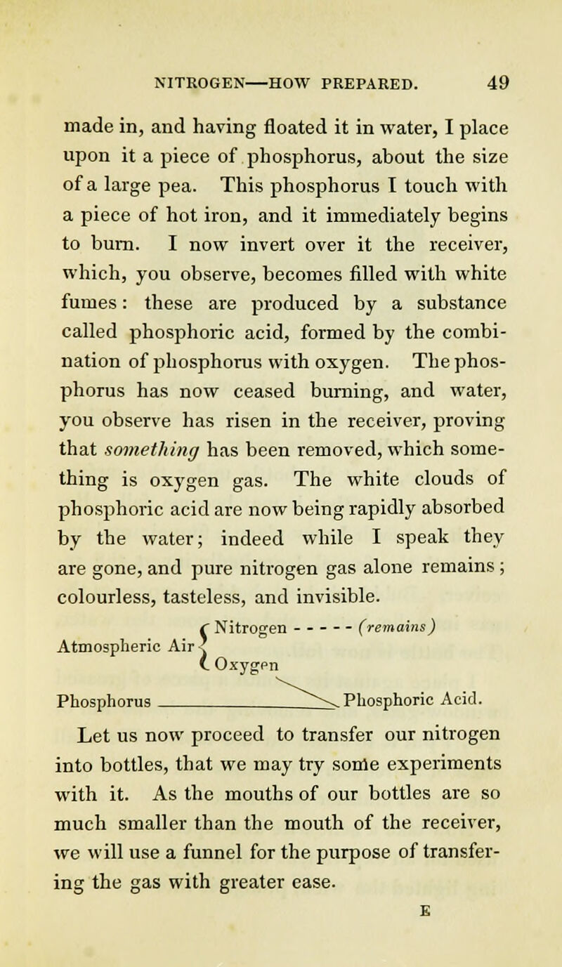 made in, and having floated it in water, I place upon it a piece of phosphorus, about the size of a large pea. This phosphorus I touch with a piece of hot iron, and it immediately begins to burn. I now invert over it the receiver, which, you observe, becomes filled with white fumes: these are produced by a substance called phosphoric acid, formed by the combi- nation of phosphorus with oxygen. The phos- phorus has now ceased burning, and water, you observe has risen in the receiver, proving that something has been removed, which some- thing is oxygen gas. The white clouds of phosphoric acid are now being rapidly absorbed by the water; indeed while I speak they are gone, and pure nitrogen gas alone remains; colourless, tasteless, and invisible. C Nitrogen (remains) Atmospheric Air-? v. Oxygpn Phosphorus _^\ Phosphoric Acid. Let us now proceed to transfer our nitrogen into bottles, that we may try some experiments with it. As the mouths of our bottles are so much smaller than the mouth of the receiver, we will use a funnel for the purpose of transfer- ing the gas with greater ease. E