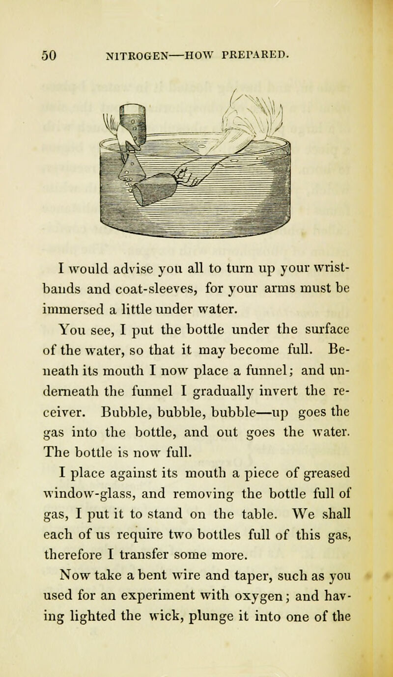 I would advise you all to turn up your wrist- bands and coat-sleeves, for your arms must be immersed a little under water. You see, I put the bottle under the surface of the water, so that it may become full. Be- neath its mouth I now place a funnel; and un- derneath the funnel I gradually invert the re- ceiver. Bubble, bubble, bubble—up goes the gas into the bottle, and out goes the water. The bottle is now full. I place against its mouth a piece of greased window-glass, and removing the bottle full of gas, I put it to stand on the table. We shall each of us require two bottles full of this gas, therefore I transfer some more. Now take a bent wire and taper, such as you used for an experiment with oxygen; and hav- ing lighted the wick, plunge it into one of the