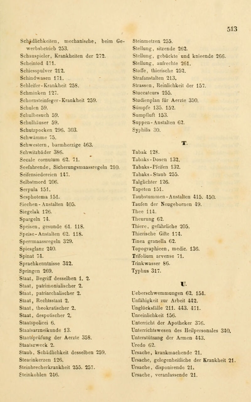 Schädlichkeiten, mechanische, beim Ge- werbsbelricb 253. Schauspieler, Krankheilen der 272. Scheintod 471. Schiesspulver 212. Sehiiidwasen 171. Schleifer-Krankheit 258. Schminken 127. Schornsteinfeger-Krankheit 259. Schulen 59. Schulbesuch 59. Schulhäuser 59. Schutzpocken 296. 303. Schwämme 75. Schwestern, barmherzige 463. Schwitzbäder 386. Seeale cornutum 62. 71. Seefahrende, Sicherungsmaassregeln 210. Seifensiedereien 147. Selbstmord 206. Serpula 151, Sesphotema 151. Siechen-Anstalten 405. Siegelak 126. Spargeln 74. Speisen, gesunde 61. 118. Speise-Anstalten 62. 118. Sperrmaassregeln 329. Spiesglanz 240. Spinat 74. Sprachkenntnisse 342. Springen 269. Staat, Begriff desselben 1. 2. Staat, patrimonialischer 2. Staat, patriarchalischer 2. Staat, Rechtsstaat 2. Staat, theokratischer 2. Staat, despotischer 2, Slaatspolicei 6. Staatsarzneikunde 13. Staatsprüfung der Aerzle 358. Slaatszweck 2. Staub, Schädlichkeit desselben 259. Stearinkerzen 126. Steinbrecherkrankheit 255. 257. Steinkohlen 246. Steinmetzen 255. Stellung, sitzende 262. Stellung, gebückte und knieende 266. Stellung, aufrechte 261. Stoffe, tbierische 252. Strafanstalten 213. Strassen, Reinlichkeil der 157. Stuccateurs 255. Studienplan für Aerzte 350. Sümpfe 135. 152. Sumpfluft 153. Suppen-Anstallen 62. Syphilis 30. Tabak 128. Tabaks-Dosen 132. Tabaks-Pfeifen 132. Tabaks-Staub 255. Talglichter 126. Tapeten 151. Taubstummen-Anstalten 415. 450. Taufen der Neugebornen 49. Thee 114. Theurung 62. Thiere, gefährliche 205. Thierische Gifte 174. Tinea granella 62. Topographieen, medic. 136. Trifolium arvense 71. Trinkwasser 86. Typhus 317. V. Ueberschwemmungen 62. 154. Unfähigkeit zur Arbeit 442. Unglücksfälle 211. 443. 471. Unreinlichkeit 156. Unterricht der Apotheker 376. Unterrichtswesen des Heilpersonales 340. Unterstützung der Armen 443. Uredo G2. Ursache, krankmachende 21. Ursache, gelegenheitliche der Krankheit 21. Ursache, disponirende 21. Ursache, veranlassende 21.