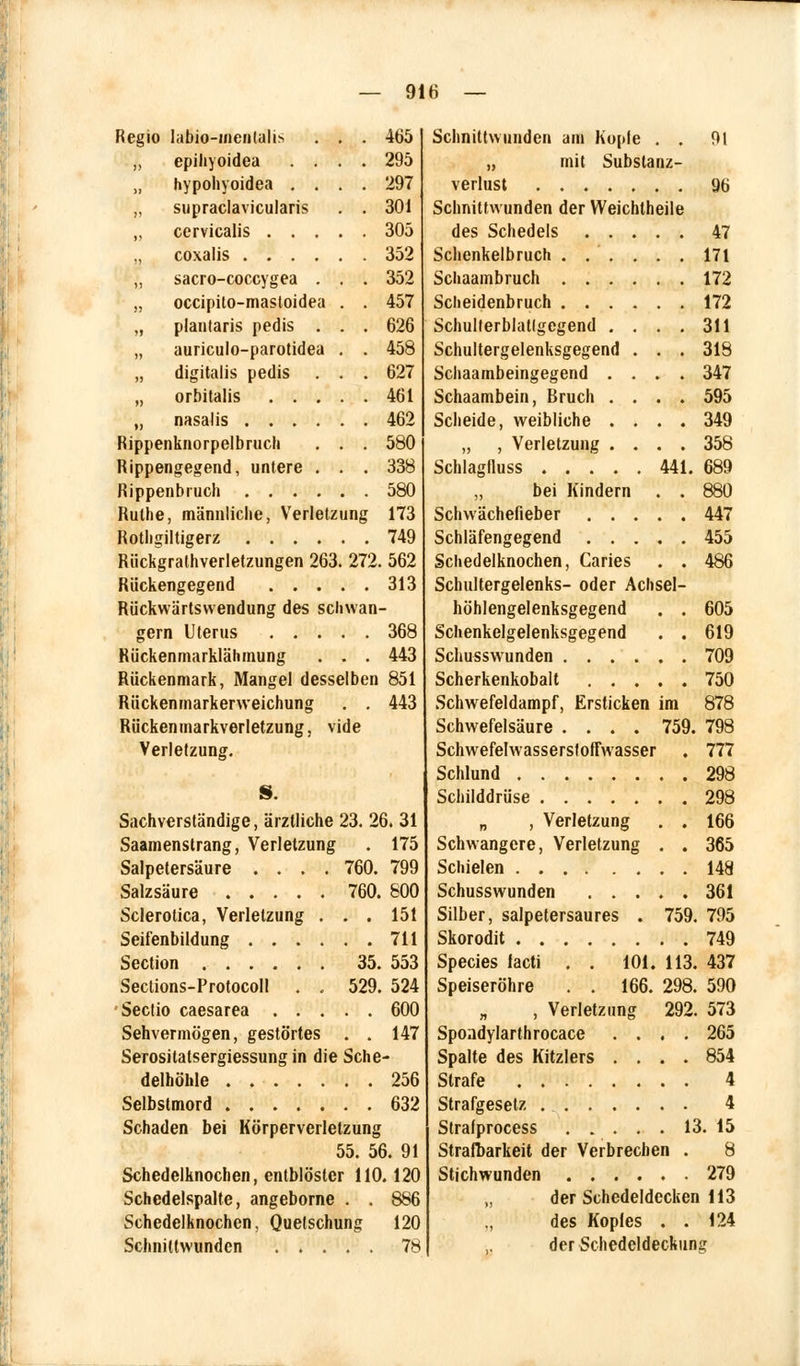 Regio Iabio-mcntalis . . . 465 „ epiliyoidea .... 295 „ hypohyoidea .... 297 „ supraclavicularis . . 301 „ cervicalis 305 „ coxalis 352 „ sacro-coccygea . . . 352 „ occipito-mastoidea . . 457 „ plantaris pedis . . . 626 „ auriculo-parotidea . . 458 „ digitalis pedis . . . 627 „ orbitalis 461 „ nasalis 462 Rippenknorpelbruch . . . 580 Rippengegend, untere . . . 338 Rippenbruch 580 Ruthe, männliche, Verletzung 173 Rothgiltigerz 749 Rückgralhverletzungen 263. 272. 562 Riickengegend 313 Riickwärtsvvendung des schwän- gern Uterus 368 Rü'ckenmarklähmung . . . 443 Rückenmark, Mangel desselben 851 Rückenmarkerweichung . . 443 Rückenmarkverletzung 3 vide Verletzung. S. Sachverständige, ärztliche 23. 26. 31 Saamenstrang, Verletzung . 175 Salpetersäure .... 760. 799 Salzsäure 760. 800 Sclerotica, Verletzung ... 15t Seifenbildung 711 Section 35. 553 Sections-Protocoll . , 529. 524 Sectio caesarea 600 Sehvermögen, gestörtes . . 147 Serositatsergiessung in die Sche- delhöhle 256 Selbstmord 632 Schaden bei Körperverletzung 55. 56. 91 Schedelknochen, entblöslcr HO. 120 Schedelspalte, angeborne . . 886 Schedelknochen, Quetschung 120 Schnittwunden 78 Schnittwunden am Kopie . . 91 „ mit Substanz- verlust 96 Schnittwunden der Weichtheile des Schedels 47 Schenkelbruch 171 Schaambruch 172 Sclieidenbruch 172 Schulterblatlgegend .... 311 Schultergelenksgegend . . . 318 Schaambeingegend .... 347 Schaambein, Bruch .... 595 Scheide, weibliche .... 349 „ , Verletzung .... 358 Schlaglluss 441. 689 „ bei Kindern . . 880 Schwächefieber 447 Schläfengegend 455 Schedelknochen, Caries . . 486 Schultergelenks- oder Achsel- höhlengelenksgegend . . 605 Schenkelgelenksgegend . . 619 Schusswunden 709 Scherkenkobalt 750 Schwefeldampf, Ersticken im 878 Schwefelsäure .... 759. 798 SchwefelwassersfofFwasser . 777 Schlund 298 Schilddrüse 298 „ , Verletzung . . 166 Schwangere, Verletzung . . 365 Schielen 148 Schusswunden 361 Silber, salpetersaures . 759. 795 Skorodit 749 Species lacti . . 101. 113. 437 Speiseröhre . . 166. 298. 590 , Verletzung 292. 573 Spoadylarthrocace .... 265 Spalte des Kitzlers .... 854 Strafe 4 Strafgesetz 4 Stralprocess 13. 15 Strafbarkeit der Verbrechen . 8 Stichwunden 279 „ der Schedeldccken 113 des Koples . . 124 der Schedcldeckung