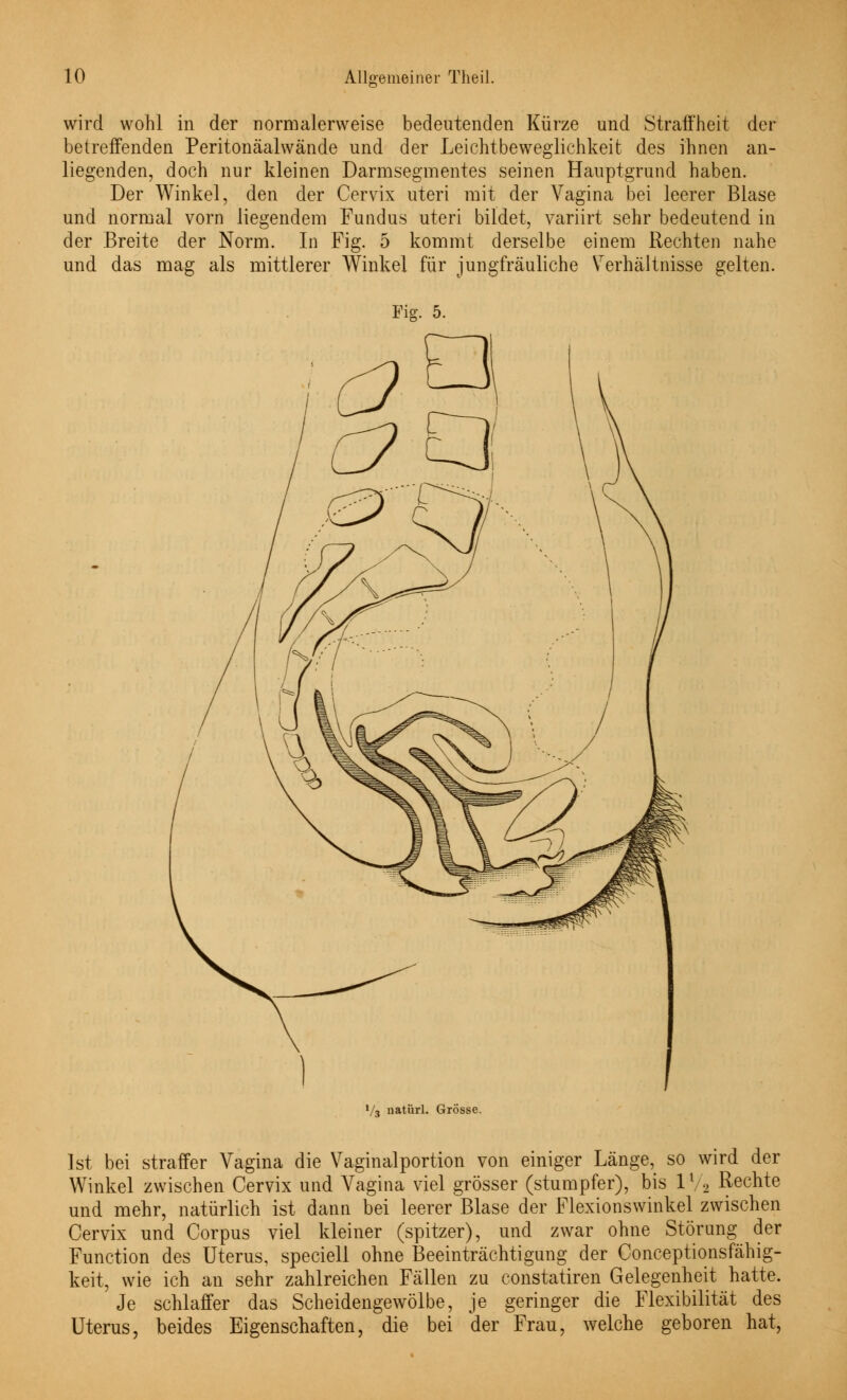 wird wohl in der normalerweise bedeutenden Kürze und Straffheit der betreffenden Peritonäalwände und der Leichtbeweglichkeit des ihnen an- liegenden, doch nur kleinen Darmsegmentes seinen Hauptgrund haben. Der Winkel, den der Cervix uteri mit der Vagina bei leerer Blase und normal vorn liegendem Fundus uteri bildet, variirt sehr bedeutend in der Breite der Norm. In Fig. 5 kommt derselbe einem Rechten nahe und das mag als mittlerer Winkel für jungfräuliche Verhältnisse gelten. Fig. 5. Vs natürl. Grösse. Ist bei straffer Vagina die Vaginalportion von einiger Länge, so wird der Winkel zwischen Cervix und Vagina viel grösser (stumpfer), bis 1 \ 2 Rechte und mehr, natürlich ist dann bei leerer Blase der Flexionswinkel zwischen Cervix und Corpus viel kleiner (spitzer), und zwar ohne Störung der Function des Uterus, speciell ohne Beeinträchtigung der Conceptionsfähig- keit, wie ich an sehr zahlreichen Fällen zu constatiren Gelegenheit hatte. Je schlaffer das Scheidengewölbe, je geringer die Flexibilität des Uterus, beides Eigenschaften, die bei der Frau, welche geboren hat,