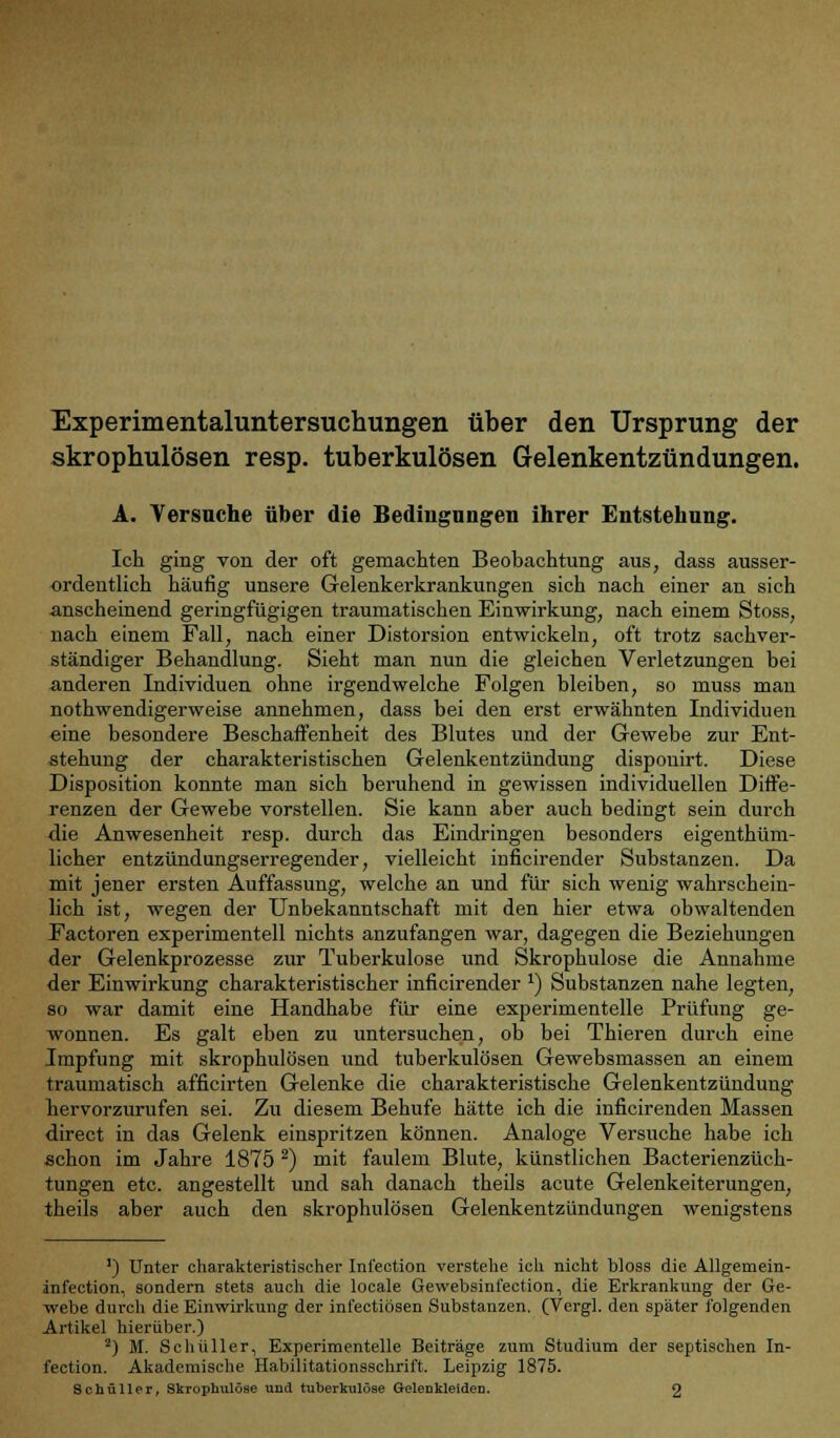 Experimentaluntersuchungen über den Ursprung der skrophulösen resp. tuberkulösen Gelenkentzündungen. A. Versuche über die Bedingungen ihrer Entstehung. Ich ging von der oft gemachten Beobachtung aus, dass ausser- ordentlich häufig unsere Gelenkerkrankungen sich nach einer an sich anscheinend geringfügigen traumatischen Einwirkung, nach einem Stoss, nach einem Fall, nach einer Distorsion entwickeln, oft trotz sachver- ständiger Behandlung. Sieht man nun die gleichen Verletzungen bei anderen Individuen ohne irgendwelche Folgen bleiben, so muss man nothwendigerweise annehmen, dass bei den erst erwähnten Individuen eine besondere Beschaffenheit des Blutes und der Gewebe zur Ent- stehung der charakteristischen Gelenkentzündung dispouirt. Diese Disposition konnte man sich beruhend in gewissen individuellen Diffe- renzen der Gewebe vorstellen. Sie kann aber auch bedingt sein durch die Anwesenheit resp. durch das Eindringen besonders eigenthüm- licher entzündungserregender, vielleicht inficirender Substanzen. Da mit jener ersten Auffassung, welche an und für sich wenig wahrschein- lich ist, wegen der Unbekanntschaft mit den hier etwa obwaltenden Factoren experimentell nichts anzufangen war, dagegen die Beziehungen der Gelenkprozesse zur Tuberkulose und Skrophulose die Annahme der Einwirkung charakteristischer inficirender x) Substanzen nahe legten, so war damit eine Handhabe für eine experimentelle Prüfung ge- wonnen. Es galt eben zu untersuchen, ob bei Thieren durch eine Impfung mit skrophulösen und tuberkulösen Gewebsmassen an einem traumatisch afficirten Gelenke die charakteristische Gelenkentzündung hervorzurufen sei. Zu diesem Behufe hätte ich die inficirenden Massen direct in das Gelenk einspritzen können. Analoge Versuche habe ich schon im Jahre 1875 2) mit faulem Blute, künstlichen Bacterienzüch- tungen etc. angestellt und sah danach theils acute Gelenkeiterungen, theils aber auch den skrophulösen Gelenkentzündungen wenigstens ') Unter charakteristischer Infection verstehe ich nicht bloss die Allgemein- infection, sondern stets auch die locale Gewebsinfection, die Erkrankung der Ge- webe durch die Einwirkung der infectiösen Substanzen. (Vergl. den später folgenden Artikel hierüber.) 2) M. Schüller, Experimentelle Beiträge zum Studium der septischen In- fection. Akademische Habilitationsschrift. Leipzig 1875. Schüller, Skrophulose und tuberkulöse Geleukleiden. 2