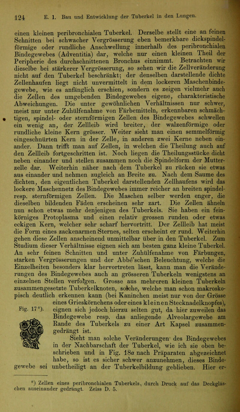 einen kleinen peribronchialen Tuberkel. Derselbe stellt eine an feinen Schnitten bei schwacher Vergrösserung eben bemerkbare dickspindel- förmige oder rundliche Anschwellung innerhalb des peribronchialen Bindegewebes (Adventitia) dar, welche nur einen kleinen Theil der Peripherie des durchschnittenen Bronchus einnimmt. Betrachten wir dieselbe bei stärkerer Vergrösserung, so sehen wir die Zellveränderung nicht auf den Tuberkel beschränkt; der denselben darstellende dichte Zellenhaufen liegt nicht unvermittelt in dem lockeren Maschenbinde- gewebe, wie es anfänglich erschien, sondern es zeigen vielmehr auch die Zellen des umgebenden Bindegewebes eigene, charakteristische Abweichungen. Die unter gewöhnlichen Verhältnissen nur schwer, meist nur unter Zuhülfenahme von Färbemitteln, erkennbaren schmäch- tigen, spindel- oder sternförmigen Zellen des Bindegewebes schwellen ein wenig an, der Zellleib wird breiter, der walzenförmige oder rundliche kleine Kern grösser. Weiter sieht man einen semmelförmig eingeschnürten Keim in der Zelle, in anderen zwei Kerne neben ein- ander. Dann trifft man auf Zellen, in welchen die Theilung auch auf den Zellleib fortgeschritten ist. Noch liegen die Theilungsstücke dicht neben einander und stellen zusammen noch die Spindelform der Mutter- zelle dar. Weiterhin näher nach dem Tuberkel zu rücken sie etwas aus einander und nehmen zugleich an Breite zu. Nach dem Saume des dichten, den eigentlichen Tuberkel darstellenden Zellhaufens wird das lockere Maschennetz des Bindegewebes immer reicher an breiten spindel- resp. sternförmigen Zellen. Die Maschen selber werden enger, die dieselben bildenden Fäden erscheinen sehr zart. Die Zellen ähneln nun schon etwas mehr denjenigen des Tuberkels. Sie haben ein fein- körniges Protoplasma und einen relativ grossen runden oder etwas eckigen Kern, welcher sehr scharf hervortritt. Der Zellleib hat meist die Form eines zackenarmen Sternes, selten erscheint er rund. Weiterhin gehen diese Zellen anscheinend unmittelbar über in den Tuberkel. Zum Studium dieser Verhältnisse eignen sich am besten ganz kleine Tuberkel. An sehr feinen Schnitten xind unter Zuhülfenahme von Färbungen, starken Vergrösserungen und der Abbe'schen Beleuchtung, welche die Einzelheiten besonders klar hervortreten lässt, kann man die Verände- rungen des Bindegewebes auch an grösseren Tuberkeln wenigstens an einzelnen Stellen verfolgen. Grosse aus mehreren kleinen Tuberkeln zusammengesetzte Tuberkelknoten, solche, welche man schon makrosko- pisch deutlich erkennen kann (bei Kaninchen meist nur von der Grösse eines Grieskörnchens oder eines kleinen Stecknadelknopfes), Fig. 17*). eignen sich jedoch hierzu selten gut, da hier zuweilen das Bindegewebe resp. das anliegende Alveolargewebe am Rande des Tuberkels zu einer Art Kapsel zusammen- gedrängt ist. Sieht man solche Veränderungen- des Bindegewebes in der Nachbarschaft der Tuberkel, wie ich sie oben be- schrieben und in Fig. 18a nach Präparaten abgezeichnet habe, so ist es sicher schwer anzunehmen, dieses Binde- gewebe sei unbetheiligt an der Tuberkelbildung geblieben. Hier er- *) Zellen eines peribronchialen Tuberkels, durch Druck auf das Deckgläs- chen auseinander gedrängt. Zeiss D. 5.