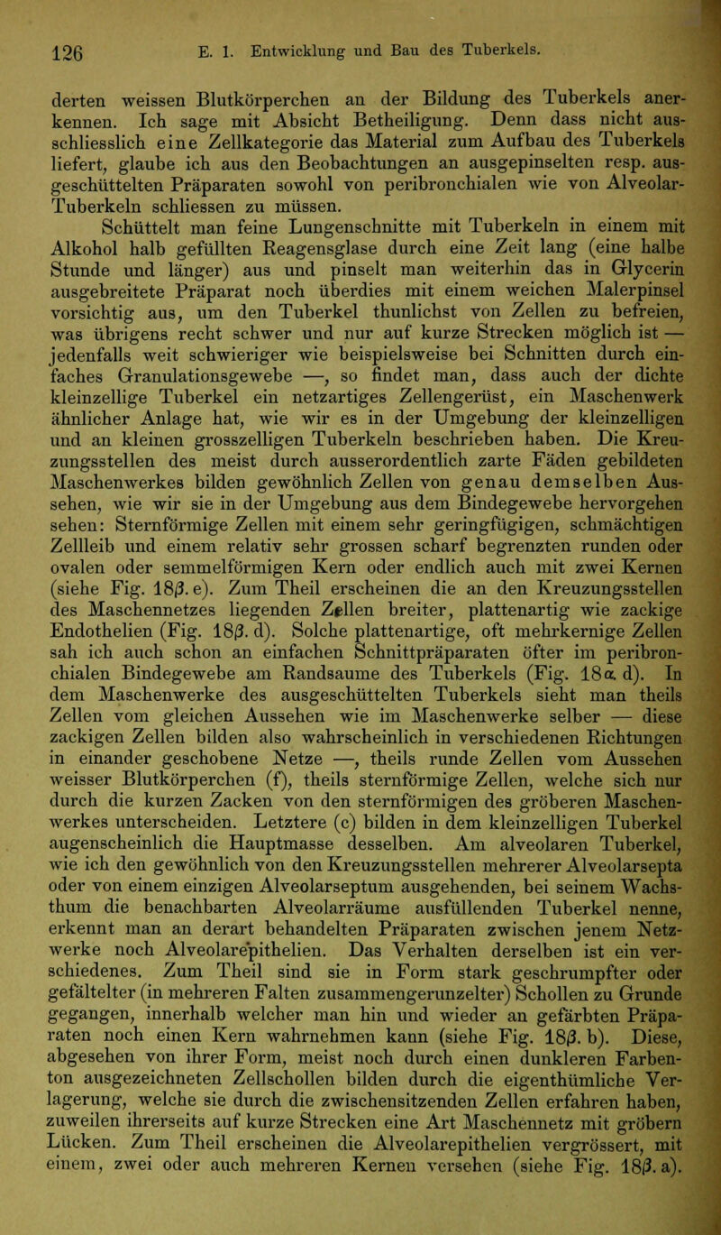 derten weissen Blutkörperchen an der Bildung des Tuberkels aner- kennen. Ich sage mit Absicht Betheiligung. Denn dass nicht aus- schliesslich eine Zellkategorie das Material zum Aufbau des Tuberkels liefert, glaube ich aus den Beobachtungen an ausgepinselten resp. aus- geschüttelten Präparaten sowohl von peribronchialen wie von Alveolar- Tuberkeln schliessen zu müssen. Schüttelt man feine Lungenschnitte mit Tuberkeln in einem mit Alkohol halb gefüllten Reagensglase durch eine Zeit lang (eine halbe Stunde und länger) aus und pinselt man weiterhin das in Glycerin ausgebreitete Präparat noch überdies mit einem weichen Malerpinsel vorsichtig aus, um den Tuberkel thunlichst von Zellen zu befreien, was übrigens recht schwer und nur auf kurze Strecken möglich ist — jedenfalls weit schwieriger wie beispielsweise bei Schnitten durch ein- faches Granulationsgewebe —, so findet man, dass auch der dichte kleinzellige Tuberkel ein netzartiges Zellengerüst, ein Maschen werk ähnlicher Anlage hat, wie wir es in der Umgebung der kleinzelligen und an kleinen grosszelligen Tuberkeln beschrieben haben. Die Kreu- zungsstellen des meist durch ausserordentlich zarte Fäden gebildeten Maschenwerkes bilden gewöhnlich Zellen von genau demselben Aus- sehen, wie wir sie in der Umgebung aus dem Bindegewebe hervorgehen sehen: Sternförmige Zellen mit einem sehr geringfügigen, schmächtigen Zellleib und einem relativ sehr grossen scharf begrenzten runden oder ovalen oder semmelförmigen Kern oder endlich auch mit zwei Kernen (siehe Fig. 18/3. e). Zum Theil erscheinen die an den Kreuzungsstellen des Maschennetzes liegenden Zellen breiter, plattenartig wie zackige Endothelien (Fig. 180. d). Solche plattenartige, oft mehrkernige Zellen sah ich auch schon an einfachen Schnittpräparaten öfter im peribron- chialen Bindegewebe am Randsaume des Tuberkels (Fig. 18 a. d). In dem Maschenwerke des ausgeschüttelten Tuberkels sieht man theils Zellen vom gleichen Aussehen wie im Maschenwerke selber — diese zackigen Zellen bilden also wahrscheinlich in verschiedenen Richtungen in einander geschobene Netze —, theils runde Zellen vom Aussehen weisser Blutkörperchen (f), theils sternförmige Zellen, welche sich nur durch die kurzen Zacken von den sternförmigen des gröberen Maschen- werkes unterscheiden. Letztere (c) bilden in dem kleinzelligen Tuberkel augenscheinlich die Hauptmasse desselben. Am alveolaren Tuberkel, wie ich den gewöhnlich von den Kreuzungsstellen mehrerer Alveolarsepta oder von einem einzigen Alveolarseptum ausgehenden, bei seinem Wachs- thuin die benachbarten Alveolarräume ausfüllenden Tuberkel nenne, erkennt man an derart behandelten Präparaten zwischen jenem Netz- werke noch Alveolarepithelien. Das Verhalten derselben ist ein ver- schiedenes. Zum Theil sind sie in Form stark geschrumpfter oder gefältelter (in mehreren Falten zusammengerunzelter) Schollen zu Grunde gegangen, innerhalb welcher man hin und wieder an gefärbten Präpa- raten noch einen Kern wahrnehmen kann (siehe Fig. 180. b). Diese, abgesehen von ihrer Form, meist noch durch einen dunkleren Farben- ton ausgezeichneten Zellschollen bilden durch die eigenthümliche Ver- lagerung, welche sie durch die zwischensitzenden Zellen erfahren haben, zuweilen ihrerseits auf kurze Strecken eine Art Maschennetz mit gröbern Lücken. Zum Theil erscheinen die Alveolarepithelien vergrössert, mit einem, zwei oder auch mehreren Kernen versehen (siehe Fig. 18/3. a).