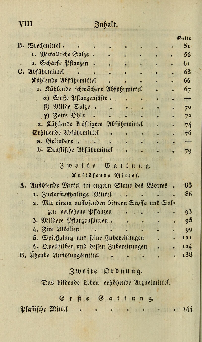 B. Brechmittel. . . i. aftefatltfcfoe (gafje . 2. ©c&arfe <Pftanjen . C. Wffyvmitttl .... Äityfenb* Abführmittel 1. i?u^rent>e fd;roäd;ere ^I^fü^rmtffe «) ©wge tyffanjenfclffe. P) anube ealje . . y) Sette Öf;le . 2. &üf;fenbe fräftigere Abfüf)rmitte (£r(ufcenbe Abführmittel a. ©elinbere . . . b. £>rajrifd;e Abführmittel 3 n> * i t e ©attung. Jfuftöfenöe Wlitttt. A. Auffofenbe Mittel im engern (Sinne bee SEBorteS i. 3utferftoff&atttge bittet 2. s3Jtit einem cutffofenben bittern (Stoffe unb<Saf jen verfef;ene ^ftanjen ... 3. SMbere «Pffanjenfäuren . 4. Sfre Alfalten .... 5. (5pie§glan$ unb feine 3llfateitungen 6. £ntecFfüber «nb beffen ^uUte'itunQen B. Atsenbe AnflpfitngSmittel B weite Ort>nuncj. £)a$ bübenbe ßeben er^ö^enbe Arzneimittel. 5.i 56 6i 63 66 67 70 72 74 76 79 83 86 93 95 99 121 124 i38 @ r fi e Itfafiiföe bitter . (Gattung. 144