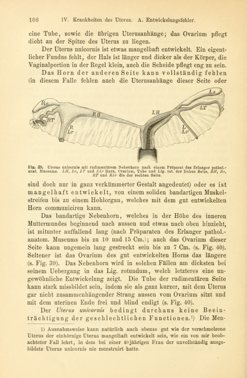 eine Tube, sowie die übrigen Uterusanhänge; das Ovarium pflegt dicht an der Spitze des Uterus zu liegen. Der Uterus unicornis ist etwas mangelhaft entwickelt. Ein eigent- licher Fundus fehlt, der Hals ist länger und dicker als der Körper, die Vaginalportion in der Regel klein, auch die Scheide pflegt eng zu sein. Das Hörn der anderenSeite kann vollständig fehlen (in diesem Falle fehlen auch die Uterusanhänge dieser Seite oder Fig. 39. Uterus unicornis mit rudimentärem Nebenhorn nach einem Präparat des Erlanger pathol.- anat. Museums. LH, Lo, LT und LLr Hörn, Ovarium, Tube und Lig. rot. der linken Seite, RH, Ro, RT und RLr die der recbten Seite. sind doch nur in ganz verkümmerter Gestalt angedeutet) oder es ist mangelhaft entwickelt, von einem soliden bandartigen Muskel- streifen bis zu einem Hohlorgan, welches mit dem gut entwickelten Hörn communiciren kann. Das bandartige Nebenhorn, welches in der Höhe des inneren Muttermundes beginnend nach aussen und etwas nach oben hinzieht, ist mitunter auffallend lang (nach Präparaten des Erlanger pathol.- anatom. Museums bis zu 10 und 15 Cm.); auch das Ovarium dieser Seite kann ungemein lang gestreckt sein bis zu 7 Cm. (s. Fig. 40). Seltener ist das Ovarium des gut entwickelten Horns das längere (s. Fig. 39). Das Nebenhorn wird in solchen Fällen am dicksten bei seinem Uebergang in das Lig. rotundum, welch letzteres eine un- gewöhnliche Entwickelung zeigt. Die Tube der rudimentären Seite kann stark missbildet sein, indem sie als ganz kurzer, mit dem Uterus gar nicht zusammenhängender Strang aussen vom Ovarium sitzt und mit dem uterinen Ende frei und blind endigt (s. Fig. 40). Der Uterus unicornis bedingt durchaus keine Beein- trächtigung der geschlechtlichen Functionen.1) Die Men- 1) Ausnahmsweise kann natürlich auch ebenso gut wie der verschmolzene Uterus der einhörnige Uterus mangelhaft entwickelt sein, wie ein von mir beob- achteter Fall lehrt, in dem bei einer 40jährigen Frau der unvollständig ausge- bildete Uterus unicornis nie menstruirt hatte.