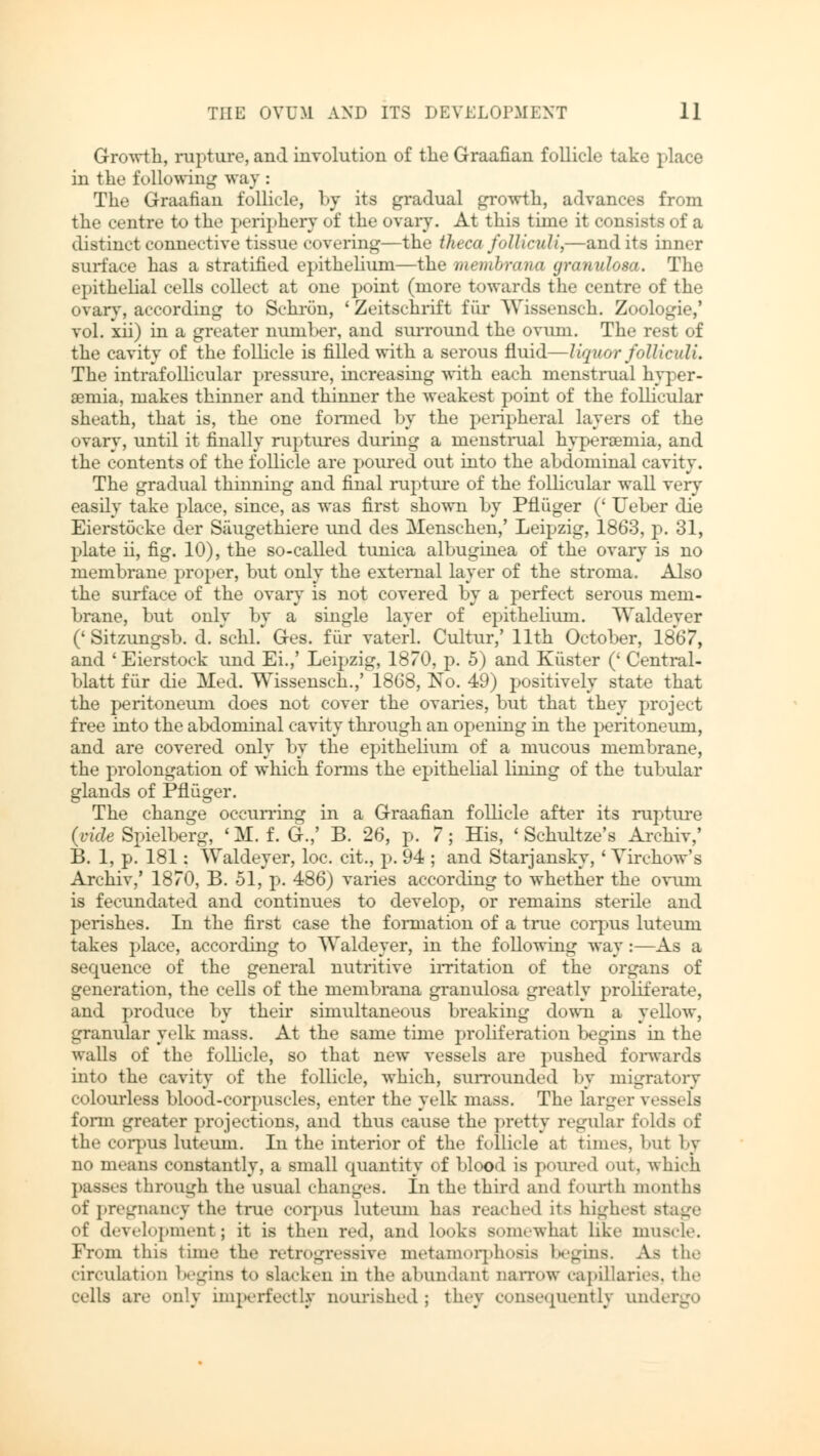 Growth, rupture, and involution of the Graafian follicle take place in the following way : The Graafian follicle, by its gradual growth, advances from the centre to the periphery of the ovary. At this time it consists of a distinct connective tissue covering—the theca folliculi,—audits inner surface has a stratified epithelium—the membrana granulosa. The epithelial cells collect at one point (more towards the centre of the ovary, according to Schrön, ' Zeitschrift für Wissensch. Zoologie,' vol. xii) in a greater number, and surround the ovum. The rest of the cavity of the follicle is filled with a serous fluid—liquor folliculi. The intrafollicular pressure, increasing with each menstrual hyper- emia, makes thinner and thinner the weakest point of the follicular sheath, that is, the one formed by the peripheral layers of the ovary, until it finally ruptures during a menstrual hyperemia, and the contents of the follicle are poured out into the abdominal cavity. The gradual thinning and final rupture of the follicular wall very easily take place, since, as was first shown by Pflüger (' Ueber die Eierstöcke der Säugethiere und des Menschen,' Leipzig, 1863, p. 31, plate ii, fig. 10), the so-called tunica albuginea of the ovary is no membrane proper, but only the external layer of the stroma. Also the surface of the ovary is not covered by a perfect serous mem- brane, but onlv bv a single laver of epithelium. Waldeyer ('Sitzungsb. d. schL Ges. für vaterl. Cultur,' 11th October, 1867, and ' Eierstock und Ei.,' Leipzig, 1870, p. 5) and Küster (' Central- blatt für die Med. Wissensch.,' 1868, No. 49) positively state that the peritoneum does not cover the ovaries, but that they project free into the abdominal cavity through an opening in the peritoneum, and are covered only by the epithelium of a mucous membrane, the prolongation of which forms the epithelial lining of the tubular glands of Pflüger. The change occurring in a Graafian follicle after its rupture (vide Spielberg, 'M. f. G.,' B. 26, p. 7; His, 'Schultze's Archiv,' B. 1, p. 181: Waldeyer, loc. cit., p. 94 ; and Starjansky, ' Virehow's Archiv,' 1870, B. 51, p. 486) varies according to whether the ovum is fecundated and continues to develop, or remains sterile and perishes. In the first case the formation of a true corpus luteum takes place, according to Waldeyer, in the following way:—As a sequence of the general nutritive irritation of the organs of generation, the cells of the membrana granulosa greatly proliferate, and produce by their simultaneous breaking down a yellow, granular yelk mass. At the same time proliferation begins in the walls of the follicle, so that new vessels are pushed forwards into the cavity of the follicle, which, surrounded by migratory colourless blood-corpuscles, enter the yelk mass. The larger vessels form greater projections, and thus cause the pretty regular folds of the corpus luteum. In the interior of the follicle at times, but by no means constantly, a small quantity of blood is poured out, which passes through the usual changes. In the third and fourth months of pregnancy the true corpus luteum has reached its highest >• of development; it is then red, and looks somewhat like muscle. From this time the retrogressive metamorphosis begins. As the circulation begins to slacken in the abundant narrow capillaries, the cells are only imperfectly nourished; they consequently und..