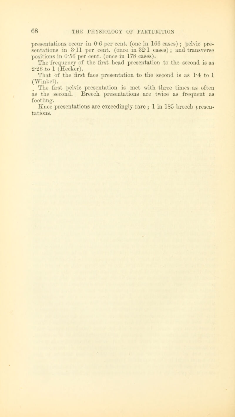 presentations occur in CV6 per cent, (one in 166 cases) ; pelvic pre- sentations in 3'11 per cent, (once in 32-1 cases); and transverse positions in 0*56 per cent, (once in 178 cases). The frequency of the first head presentation to the second is as 2-26 to 1 (Hecker). Thai of the first face presentation to the second is as 1*4 to 1 (Willkell. The first pelvic presentation is met with three times as often as the second. Breech presentations are twice as frequent as footling. Knee presentations are exceedingly rare ; 1 in 185 breech j resen« tat ions.