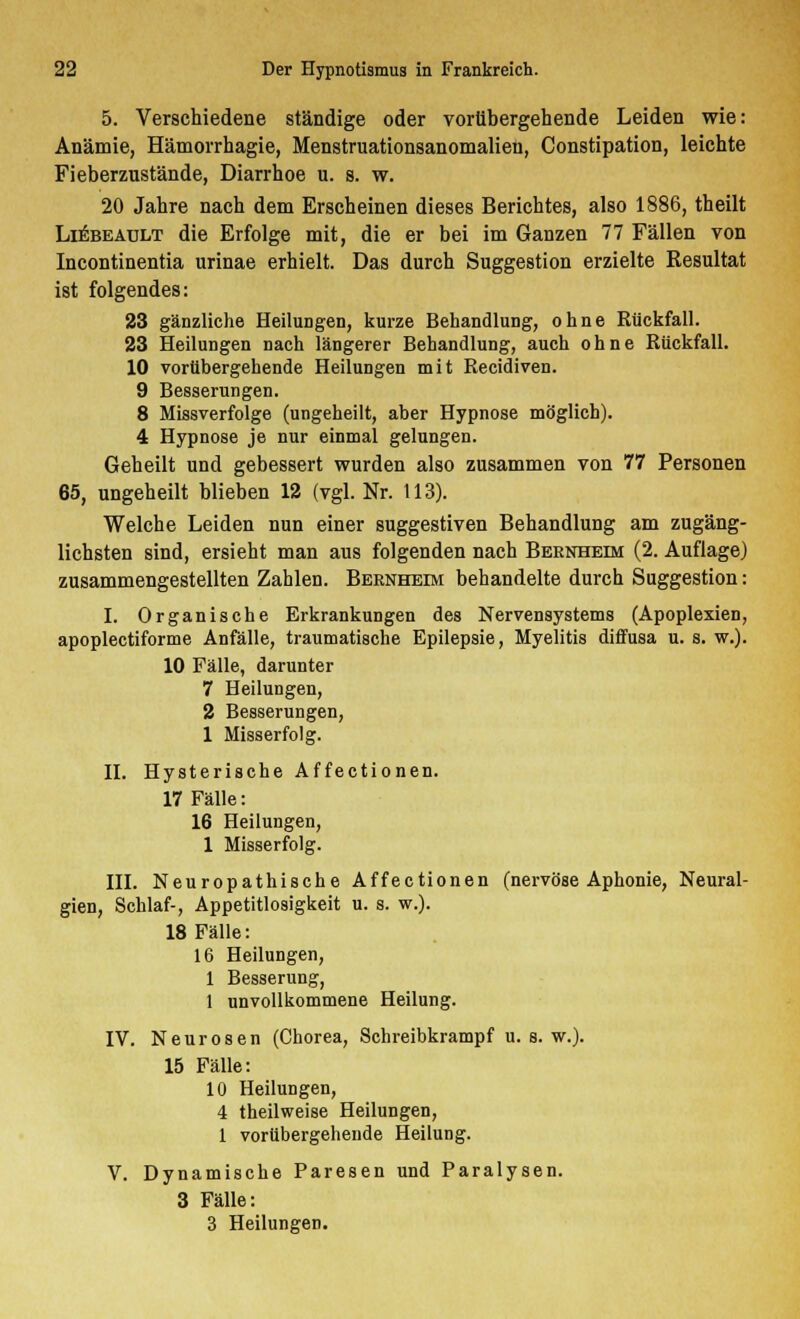 5. Verschiedene ständige oder vorübergehende Leiden wie: Anämie, Hämorrhagie, Menstruationsanomalien, Constipation, leichte Fieberzustände, Diarrhoe u. s. w. 20 Jahre nach dem Erscheinen dieses Berichtes, also 1886, theilt Liebeault die Erfolge mit, die er bei im Ganzen 77 Fällen von Incontinentia urinae erhielt. Das durch Suggestion erzielte Resultat ist folgendes: 23 gänzliche HeiluDgen, kurze Behandlung, ohne Rückfall. 23 Heilungen nach längerer Behandlung, auch ohne Rückfall. 10 vorübergehende Heilungen mit Recidiven. 9 Besserungen. 8 Missverfolge (ungeheilt, aber Hypnose möglich). 4 Hypnose je nur einmal gelungen. Geheilt und gebessert wurden also zusammen von 77 Personen 65, ungeheilt blieben 12 (vgl. Nr. 113). Welche Leiden nun einer suggestiven Behandlung am zugäng- lichsten sind, ersieht man aus folgenden nach Bernheim (2. Auflage) zusammengestellten Zahlen. Bernheim behandelte durch Suggestion: I. Organische Erkrankungen des Nervensystems (Apoplexien, apoplectiforme Anfälle, traumatische Epilepsie, Myelitis diffusa u. s. w.). 10 Fälle, darunter 7 Heilungen, 2 Besserungen, 1 Misserfolg. II. Hysterische Affectionen. 17 Fälle: 16 Heilungen, 1 Misserfolg. III. Neuropathische Affectionen (nervöse Aphonie, Neural- gien, Schlaf-, Appetitlosigkeit u. s. w.). 18 Fälle: 16 Heilungen, 1 Besserung, 1 unvollkommene Heilung. IV. Neurosen (Chorea, Schreibkrampf u. s. w.). 15 Fälle: 10 Heilungen, 4 theilweise Heilungen, 1 vorübergehende Heilung. V. Dynamische Paresen und Paralysen. 3 Fälle: 3 Heilungen.