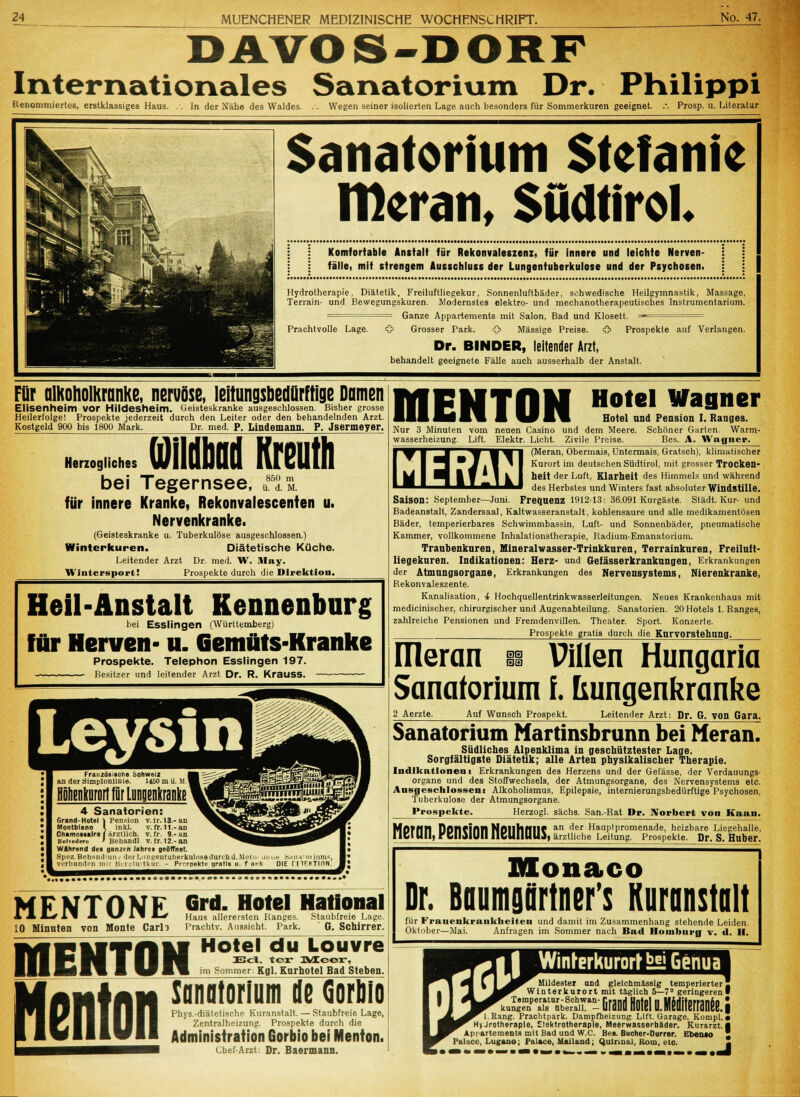 DÄVOS-DORF Internationales Sanatorium Dr. Philippi Renommiertes, erstklassiges Hans. .. In der Nähe des Waldes. .. Wegen seiner isolierten Lage auch besonders für Sommerkuren geeignet. .-. Prosp. u. Literatur Sanatorium Stefanie Hieran, Sudtirol. : Komfortable Anstalt für Rekonvaleszenz, für innere und leichte Nerven- fälle, mit strengem Ausschluss der Lungentuberkulose und der Psychosen. Hydrotherapie, Diätetik, Freiluftliegekur, Sonnenluftbäder, schwedische Heilgymnastik, Massage, Terrain- und Bewegungskuren. Modernstes elektro- und mechanotherapeutisches Instrumentarium. ===^= Ganze Appartements mit Salon, Bad und Klosett.  Prachtvolle Lage. O Grosser Park. O Massige Preise. O Prospekte auf Verlangen. Dr. BINDER, leitender Arzt, behandelt geeignete Fälle auch ausserhalb der Anstalt. Für alkoholkranke, nervöse, leitungsbedürftige Damen Elisenheim vor Hildesheim. Geisteskranke ausgeschlossen. Bisher grosse Heilerfolge! Prospekte jederzeit durch den Leiter oder den behandelnden Arzt. Kostgeld 900 bis 1800 Mark. Dr. med. p. Lindemann. P. Jsermeyer. WIM Kreuth 850 m ü. d. M. Herzogliches bei Tegernsee, für innere Kranke, Rekonvalescenten u. Nervenkranke. (Geisteskranke u. Tuberkulöse ausgeschlossen.) Winterkuren. Diätetische Küche. Leitender Arzt Dr. med. W. Slay. Wintersport! Prospekte durch die Direktion. Heil-Anstalt Kennenburg bei Esslingen (Württemberg) für Nerven- u. Gemüts-Kranke Prospekte. Telephon Esslingen 197. Besitzer und leitender Arzt Dr. R. Krauss. Leysin Französische Sohweiz an der flimplonliDie. 1450 m ü. Höhenkurort für lungenkranke 4 Sanatorien: Grand- Hotel j Pension v. ir.13.-an Montblano l inkl. v. if. 11 - an Chamottalre (ärztlich, v. fr. 9.-an Beheder« ' Behandl v. fr. 12.- an wahrend de« ganzen Jahres geöffnet, Spez.Behandiiin.' derLuigentuberkulnsedurchd.Metii. verbundf-n mir Berelu>tkur. - Prcppekte gratis u. f anH DIE UirKTIDN. MFWTONF Grd. Hotel national A M L/ll JL \J 1™ M^ Haus allerersten Ranges. Staubfreie Lage. 10 Minuten von Monte Carli Prachtv. Aussicht. Park. ' G. Schirrer. MEHTOH Hotel du Louvre E.°cl. ter Meer, im Sommer: Kgl. Knrhotel Bad Stehen. MeiHon Sanatorium de Gorbio Phys.-diätetische Kuranstalt. — Staubfreie Lage, Zentralheizung. Prospekte durch die Administration Gorbio bei Menton. Chef-Arzt: Dr. Baermann. MENTflN Hotel Waaner HB «M II m %M II Hotel und Pension I. Ranges. Nur 3 Minuten vom neuen Casino und dem Meere, wasserheizung. Lift. Elektr. Licht. Zivile Preise. Schöner Garten. Warm- Bes. A. Wagner. Erenr (Meran, Obermais, Untermais, Grätsch), klimatischer Kurort im deutschen Südtirol, mit grosser Trocken- heit der Luft, Klarheit des Himmels und während des Herbstes und Winters fast absoluter Windstille. Saison: September—Juni. Frequenz 191213: 36.091 Kurgäste. Stadt. Kur- und Badeanstalt, Zandersaal, Kaltwasseranstalt, kohlensaure und alle medikamentösen Bäder, lemperierbares Schwimmbassin, Luft- und Sonnenbäder, pneumatische Kammer, vollkommene Inhalationstherapie, Radium-Emanatorium. Traubenkuren, Mineralwasser-Trinkkuren, Terrainkuren, Freiluft- liegekuren. Indikationen: Herz- und Gefässerkrankungen, Erkrankungen der Atmungsorgane, Erkrankungen des Nervensystems, Nierenkranke, Rekonvaleszente. Kanalisation, i Hochquellentrinkwasserleitungen. Neues Krankenhaus mit medicinischer, chirurgischer und Augenabteilung. Sanatorien. 20 Hotels 1. Ranges, zahlreiche Pensionen und Fremdenvillen. Theater. Sport. Konzerte. Prospekte gratis durch die Knrvorstehung. meran n Villen Hungaria Sanatorium f. bungenkranke 2 Aerzte. Auf Wunsch Prospekt. Leitender Arzt: Dr. G. von Gara. Sanatorium Martinsbrunn bei Meran. Südliches Alpenklima in geschütztester Lage. Sorgfältigste Diätetik; alle Arten physikalischer Therapie. Indikationen < Erkrankungen des Herzens und der Gefässe, der Verdauungs- organe und des Stoffwechsels, der Atmungsorgane, des Nervensystems etc. Ausgeschlossen* Alkoholismus, Epilepsie, internierungsbedürftige Psychosen, Tuberkulose der Atmungsorgane. Prospekte. Herzogl. sächs. San.-Rat Dp. Norbert von Haan. heizbare Liegehalle, Prospekte. Dr. S. Huber. Heran, Pension Heuhaus, £&MuTe-ade Monaco Dr. Bflumgfirtner's Kuranstalt für Frauenkrankheiten und damit im Zusammenhang stehende Leiden. Oktober—Mai. Anfragen im Sommer nach Bad Hombnrg v. d. H. Mildester and glelchmässig temperierter L Winterkurort mit taglich 5—7° geringeren» ÄÄST Grand Hotel o. lifliterran... i I.Rang. Prachtpark. Dampfheizung Lift. Garage. Kompl.« H> Jrotheraple, Elektrotherapie, Meerwasserbäder. Kurarzt.■ Appartements mit Bad und W.C. Bea. Bucher-Durrer. tibento ; Palaco, Lugano; Palace, Mailand; Qulnoal, Rom, etc. .