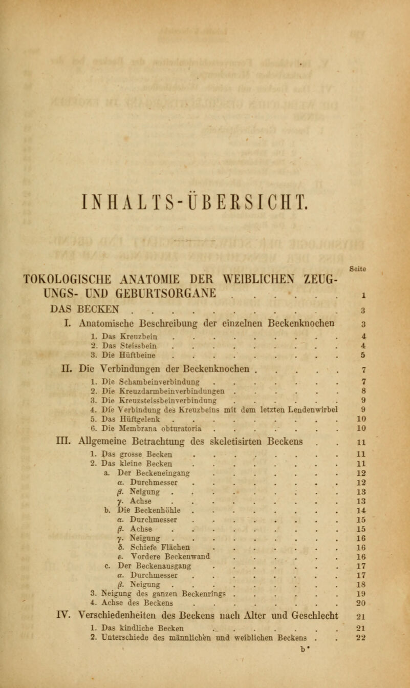 INHALTS-ÜBERSICHT. Seite TOKOLOGISCIIE ANATOMIE DER WEIBLICHEN ZEUG- UNG S- V\D GEBURTSORGANE i DAS BECKEN 3 I. Anatomische Beschreibung der einzelnen Beckenknochen 3 1. Das Kreuzbein ......... 4 2. Das Steißbein 4 3. Die Hüftbeine 5 II. Die Verbindungen der Beckenknochen 7 1. Die Schanibeinverbindung ....... 7 2. Die Kreuzdarnibeinverbindungen 8 3. Die Kreuzsteissbeinverbindung ...... 9 4. Die Verbindung des Kreuzbeins mit dem letzten Lendenwirbel 9 5. Das Hüftgelenk 10 6. Die Membrana obturatoria 10 ETI. Allgemeine Betrachtung des skeletisirten Beckens . . 11 1. Das grosse Becken 11 2. Das kleine Becken 11 a. Der Beckeneingang 12 a. Durchmesser 12 ß. Neigung 13 y. Achse 13 b. Die Beckenhöhle 14 a. Durchmesser ........ 15 /?. Achse 15 y. Neigung 16 ö. Schiefe Flächen 16 €. Vordere Beckenwand 16 c. Der Beckenausgang 17 a. Durchmesser ........ 17 ß. Neigung 18 3. Neigung des ganzen Beckenrings 19 4. Achse des Beckens 20 IV. Verschiedenheiten des Beckens nach Alter und Geschlecht 21 1. Das kindliche Becken 21 2. Unterschiede des männlichen und weiblichen Beckens . . 22 b'