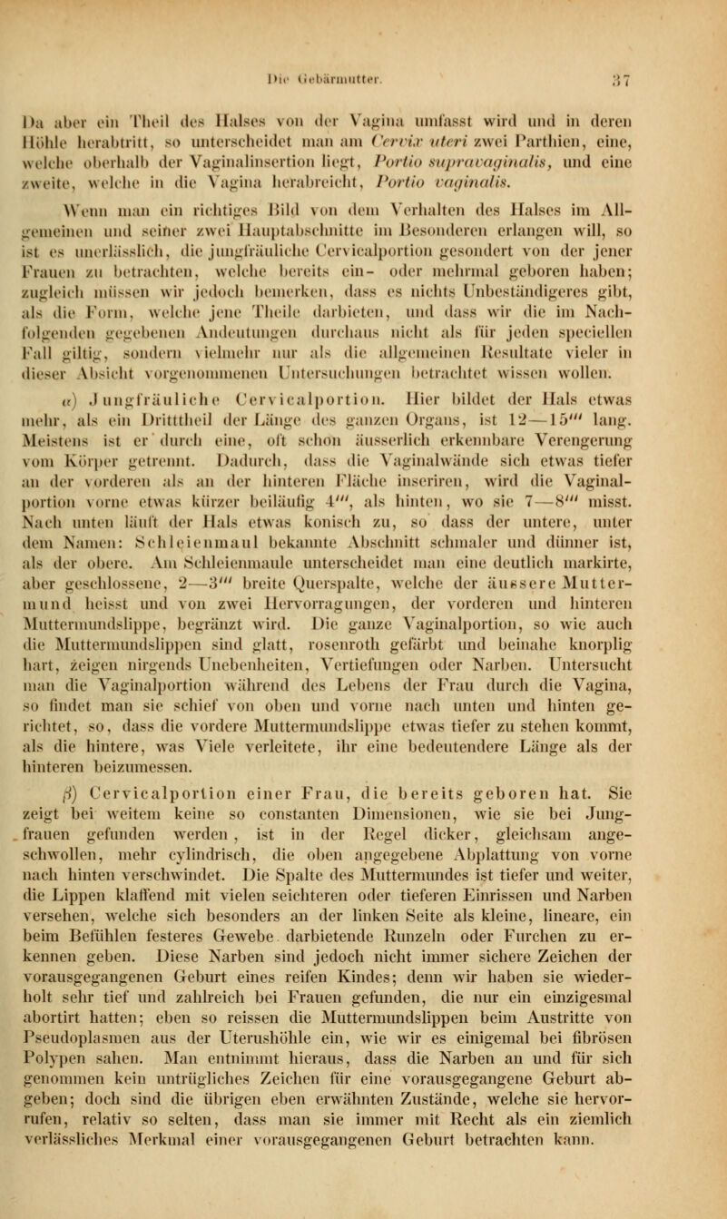 Da aber ein Tlu'il des Halses von der Vagina innfasst wird und in deren Höhle herabtritt, so unterscheidet man am Cervix uteri zwei Parthien, eine, welche oberhalb der Vaginalinsertion liegt, Portio supravaginalü, und eine /weite, welche in die Vagina herabreicht, Portio vaginalis. Wenn man ein richtiges Bild FOD dem Verhalten des Halses im All- gemeinen und seiner zwei Hauptabschnitte im Besonderen erlangen will, so ist es unerlässlich, die jungfräuliche Cervicalportion gesondert von der jener Frauen zu betrachten, welche bereits ein- oder mehrmal geboren haben; zugleich müssen wir jedoch bemerken, dass es nichts Unbeständigeres gibt, als die Form, welche jene Theile darbieten, und dass wir die im Nach- folgenden gegebenen Andeutungen durchaus nicht als für jeden speciellcn Fall giltig, sondern vielmehr nur als die allgemeinen Resultate vieler in dieser Absicht vorgenommenen Untersuchungen betrachtet wissen wollen. u) Jungfräuliche Cervicalportion. Hier bildet der Hals etwas mehr, als ein Dritttheil der Länge des ganzen Organs, ist 12—15' lang. Meistens ist er durch eine, oft sclion äusserlich erkennbare Verengerung vom Körper getrennt. Dadurch, dass die Vaginalwände sich etwas tiefer an der \ orderen als an der hinteren Fläche inseriren, wird die Vaginal- portion vorne etwas kürzer beiläufig 1', als hinten, wo sie 7—8' misst. Nach unten läuft der Hals etwas konisch zu, so dass der untere, unter dem Namen: Sehleienmaul bekannte Abschnitt schmaler und dünner ist, als der obere. Am Schleienmaule unterscheidet man eine deutlich markirte, aber geschlossene, 2—3' breite Querspalte, welche der äussere Mutter- mund heisst und von zwei Hervorrag ungen, der vorderen und hinteren Mutteruiundslippe, begränzt wird. Die ganze Vaginalportion, so wie auch die Muttermundslippen sind glatt, rosenroth gefärbt und beinahe knorplig- hart, zeigen nirgends Unebenheiten, Vertiefungen oder Narben. Untersucht man die Vaginalportion während des Lebens der Frau durch die Vagina, so findet man sie schief von oben und vorne nach unten und hinten ge- richtet, so, dass die vordere Muttermundslippe etwas tiefer zu stehen kommt, als die hintere, was Viele verleitete, ihr eine bedeutendere Länge als der hinteren beizumessen. ß) Cervicalportion einer Frau, die bereits geboren hat. Sie zeigt bei weitem keine so constanten Dimensionen, wie sie bei Jung- frauen gefunden werden , ist in der Regel dicker, gleichsam ange- schwollen, mehr cylindrisch, die oben angegebene Abplattung von vorne nach hinten verschwindet. Die Spalte des Muttermundes ist tiefer und weiter, die Lippen klaffend mit vielen seichteren oder tieferen Einrissen und Narben versehen, welche sich besonders an der linken Seite als kleine, lineare, ein beim Befühlen festeres Gewebe darbietende Runzeln oder Furchen zu er- kennen geben. Diese Narben sind jedoch nicht immer sichere Zeichen der vorausgegangenen Geburt eines reifen Kindes; denn wir haben sie wieder- holt sehr tief und zahlreich bei Frauen gefunden, die nur ein einzigesmal abortirt hatten; eben so reissen die Muttermundslippen beim Austritte von Pseudoplasmen aus der Uterushöhle ein, wie wir es einigemal bei fibrösen Polypen sahen. Man entnimmt hieraus, dass die Narben au und für sich genommen kein untrügliches Zeichen für eine vorausgegangene Geburt ab- geben; doch sind die übrigen eben erwähnten Zustände, welche sie hervor- rufen, relativ so selten, dass man sie immer mit Recht als ein ziemlich verlässliches Merkmal einer vorausgegangenen Geburt betrachten kann.