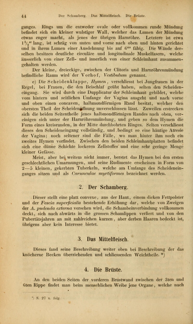 ganges. Rings um die entweder ovale oder vollkommen runde Mündung befindet sich ein kleiner wulstiger Wall, welcher das Lumen der Mündung etwas enger macht, als jenes der übrigen Harnröhre. Letztere ist etwa l1/^'lang, ist schräg von unten und vorne nach oben und hinten gerichtet und in ihrem Lumen einer Ausdehnung bis auf 6' fähig. Die Wände der- selben besitzen deutliche circuläre und longitudinale Muskelfasern, welche äusserlich von einer Zell- und innerlich von einer Schleimhaut zusammen- gehalten werden. Der kleine, dreieckige, zwischen der Clitoris und HarnrÖhrenmündung befindliche Raum wird der Vorhof, Vestibulum genannt. e) Die Scheidenklappe, Hymen, verschliesst bei Jungfrauen in der Regel, bei Frauen, die den Beischlaf geübt haben, selten den Scheiden- eingang. Sie wird durch eine Dupplicatur der Schleimhaut gebildet, welche vom hintern und seitlichen Umfange der Vagina ausgeht und nach vorne und oben einen concaven, halbmondförmigen Rand besitzt, welcher den obersten Theil der Scheiden#fTnung unverschlossen lässt. Zuweilen erstrecken sich die beiden Seitentheile jenes halbmondförmigen Randes nach oben, ver- einigen sich unter der Harnröhrenmündung, und geben so dem Hymen die Form eines kreisrunden, in der Mitte durchbohrten Ringes. Selten verschliesst dieses den Scheideneingang vollständig, und .bedingt so eine häutige Atresie der Vagina; noch seltener sind die Fälle, wo man. hinter ihm noch ein zweites Hynien vorfindet. Zwischen den beiden Schleimhautplatten befindet sich eine dünne Schichte lockeren Zellstoffes und eine sehr geringe Menge kleiner G-efässe. Meist, aber bei weitem nicht immer, berstet das Hymen bei den ersten geschlechtlichen Umarmungen, und seine Rudimente erscheinen in Form von 2—5 kleinen, gekerbten Tuberkeln, welche am Umfange des Scheidenein- ganges sitzen und als Carunculae myrtiformes bezeichnet werden. 2. Der Schamberg. Dieser stellt eine platt convexe, aus der Haut, einem dicken Fettpolster und der Fascia superficialis bestehende Erhöhung dar, welche von Zweigen der A. pudenda externa versehen wird, die Schambeinverbindung vollkommen deckt, sich nach abwärts in die grossen Schamlippen verliert und von den Pubertätsjahren an mit zahlreichen kurzen , aber derben Haaren bedeckt ist, übrigens aber kein Interesse bietet. 3. Das Mittelfleisch. Dieses fand seine Beschreibung weiter oben bei Beschreibung der das knöcherne Becken überziehenden und schliessenden Weichtheile. *) 4. Die Brüste. An den beiden Seiten der vorderen Brüstwand zwischen der 3ten und 6ten Rippe findet man beim menschlichen Weibe jene Organe, welche nach ■ > -_>7 n. folg.