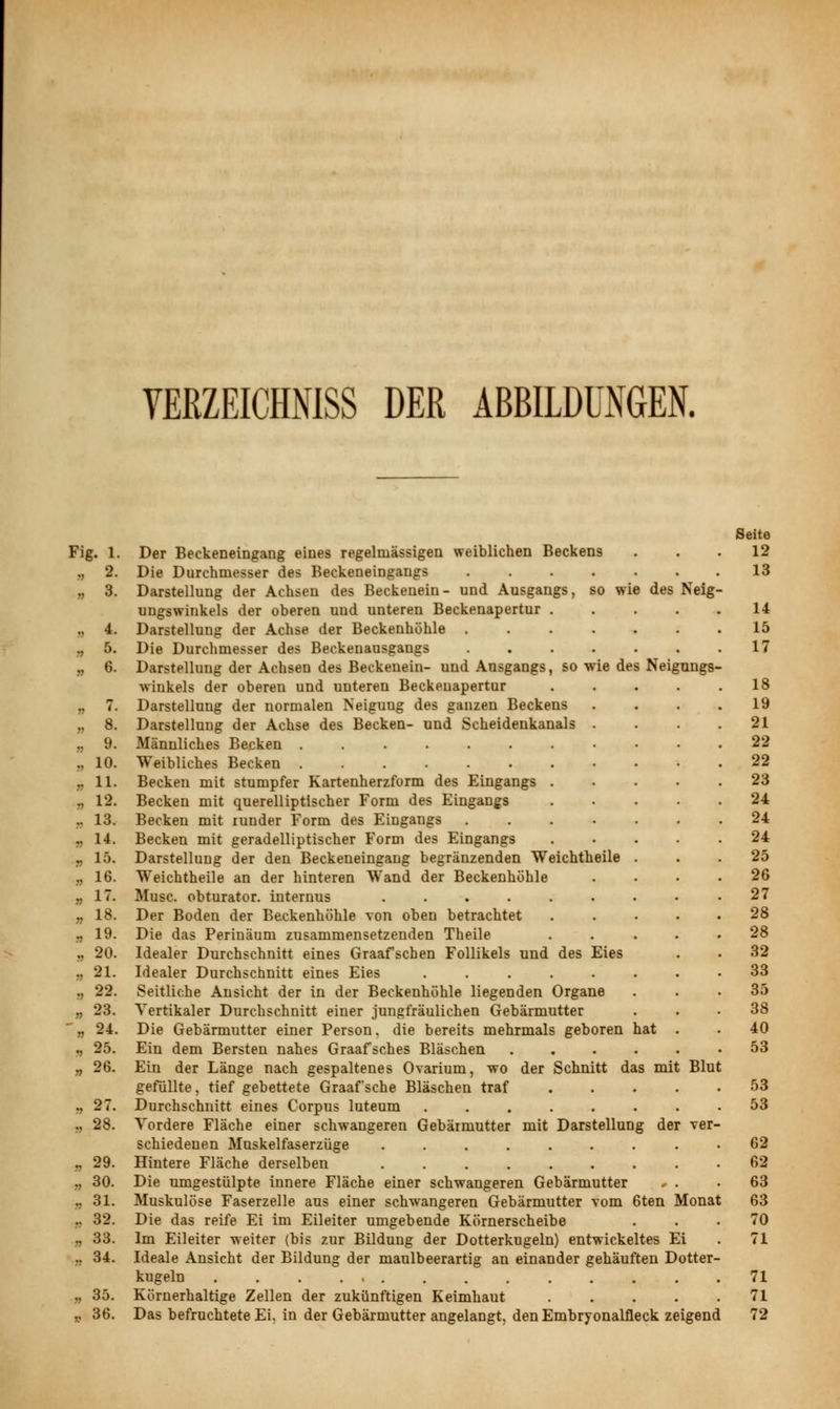 VERZEICHNIS DER ABBILDUNGEN. Fig. 1. .. 8. . 9- n 10. » 11- .. 12. .. 13. Neig » 1*. , 15. , 16. n 17- » 18. „ 19. „ 20. , 21. ., 22. „ 23. » 24. , 25. ■ 26. ., 27. . 28. . 29. ., 30. „ 31. .. 32. .. 33. 35. 36. Der Beckeneingang eines regelmässigen weiblichen Beckens Die Durchmesser des Beckeneingangs Darstellung der Achsen des Beckenein- und Ausgangs, so wie des ungswinkels der oberen und unteren Beckenapertur . Darstellung der Achse der Beckenhöhle ..... Die Durchmesser des Beckenausgangs ..... Darstellung der Achsen des Beckenein- und Ausgangs, so wie des Neignngs winkeis der oberen und unteren Beckenapertur Darstellung der normalen Neiguug des ganzen Beckens Darstellung der Achse des Becken- und Scheidenkanals . Männliches Becken Weibliches Becken ......... Becken mit stumpfer Kartenherzform des Eingangs . Becken mit querelliptischer Form des Eingangs Becken mit runder Form des Eingangs Becken mit geradelliptischer Form des Eingangs Darstellung der den Beckeneingang begränzenden Weichtheile . Weichtheile an der hinteren Wand der Beckenhöhle Muse, obturator. internus Der Boden der Beckenhöhle von oben betrachtet Die das Perinäum zusammensetzenden Theile Idealer Durchschnitt eines Graafschen Follikels und des Eies Idealer Durchschnitt eines Eies Seitliche Ansicht der in der Beckenhöhle liegenden Organe Vertikaler Durchschnitt einer jungfräulichen Gebärmutter Die Gebärmutter einer Person, die bereits mehrmals geboren hat Ein dem Bersten nahes Graafsches Bläschen .... Ein der Länge nach gespaltenes Ovarium, wo der Schnitt das mit Blut gefüllte, tief gebettete Graafsche Bläschen traf Durchschnitt eines Corpus luteum Vordere Fläche einer schwangeren Gebärmutter mit Darstellung der ver schiedenen Muskelfaserzüge Hintere Fläche derselben ....... Die nmgestülpte innere Fläche einer schwangeren Gebärmutter Muskulöse Faserzelle aus einer schwangeren Gebärmutter vom 6ten Monat Die das reife Ei im Eileiter umgebende Körnerscheibe Im Eileiter weiter (bis zur Bildung der Dotterkugeln) entwickeltes Ei Ideale Ansicht der Bildung der maulbeerartig an einander gehäuften Dotter kugeln . . . ... Körnerhaitige Zellen der zukünftigen Keimhaut .... Das befruchtete Ei. in der Gebärmutter angelangt, den Embryonalfleck zeigend Seite 12 13 14 15 17 18 19 21 22 22 23 24 24 24 25 26 27 28 28 32 33 35 38 40 53 53 53 62 62 63 63 70 71 71 71 72