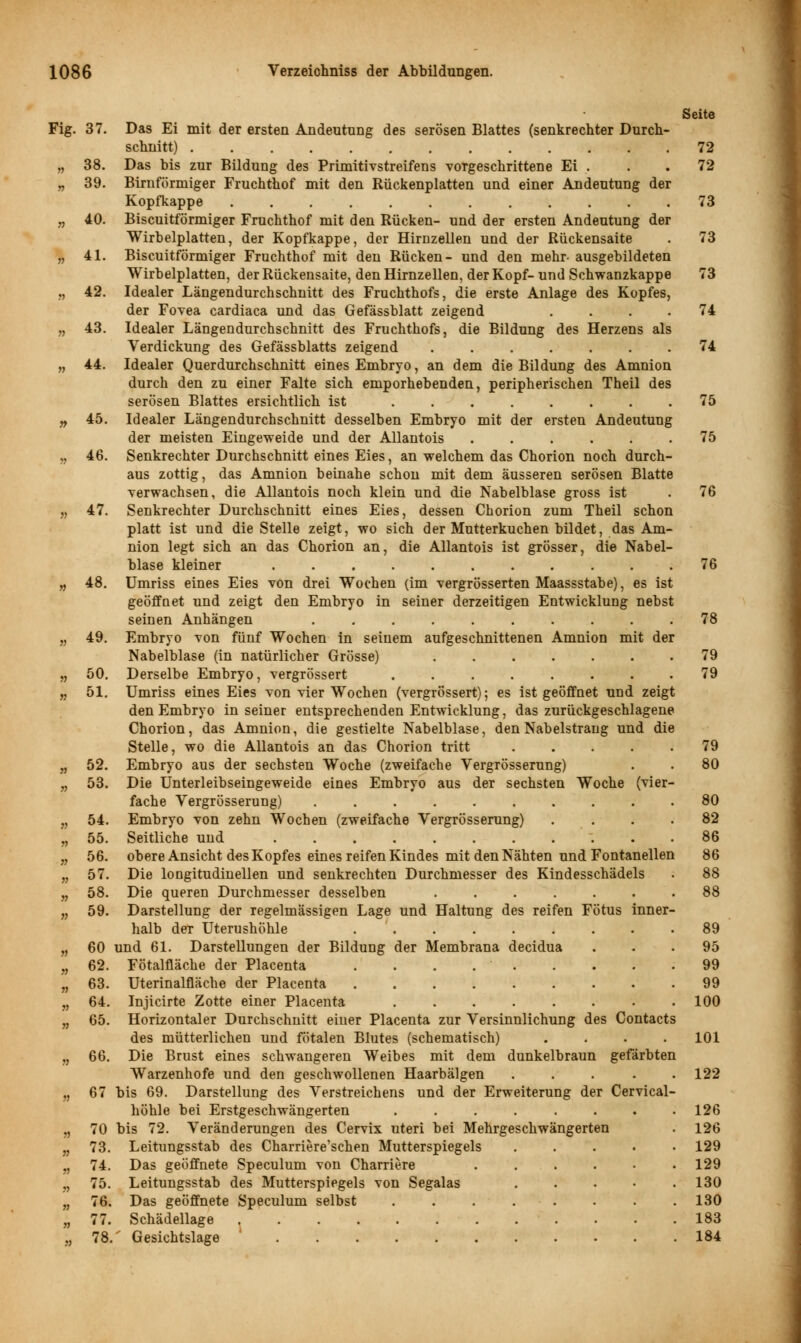 Seite Fig. 37. Das Ei mit der ersten Andeutung des serösen Blattes (senkrechter Durch- schnitt) 72 „ 38. Das bis zur Bildung des Primitivstreifens vorgeschrittene Ei . . . 72 „ 39. Birnformiger Fruchthof mit den Rückenplatten und einer Andeutung der Kopfkappe ............ 73 „ 40. Biscuitförmiger Fruchthof mit den Rücken- und der ersten Andeutung der Wirbelplatten, der Kopfkappe, der Hirnzellen und der Rückensaite . 73 | 41. Biscuitförmiger Fruchthof mit den Rücken- und den mehr- ausgebildeten Wirbelplatten, der Rückensaite, den Hirnzellen, der Kopf- und Schwanzkappe 73 „ 42. Idealer Längendurchschnitt des Fruchthofs, die erste Anlage des Kopfes, der Fovea cardiaca und das Gefässblatt zeigend .... 74 „ 43. Idealer Längendurchschnitt des Fruchthofs, die Bildung des Herzens als Verdickung des Gefässblatts zeigend 74 „ 44. Idealer Querdurchschnitt eines Embryo, an dem die Bildung des Amnion durch den zu einer Falte sich emporhebenden, peripherischen Theil des serösen Blattes ersichtlich ist ........ 75 „ 45. Idealer Längendurchschnitt desselben Embryo mit der ersten Andeutung der meisten Eingeweide und der Allantois ...... 75 „ 46. Senkrechter Durchschnitt eines Eies, an welchem das Chorion noch durch- aus zottig, das Amnion beinahe schon mit dem äusseren serösen Blatte verwachsen, die Allantois noch klein und die Nabelblase gross ist . 76 „ 47. Senkrechter Durchschnitt eines Eies, dessen Chorion zum Theil schon platt ist und die Stelle zeigt, wo sich der Mutterkuchen bildet, das Am- nion legt sich an das Chorion an, die Allantois ist grösser, die Nabel- blase kleiner 76 „ 48. Umriss eines Eies von drei Wochen (im vergrösserten Maassstabe), es ist geöffnet und zeigt den Embryo in seiner derzeitigen Entwicklung nebst seinen Anhängen .......... 78 „ 49. Embryo von fünf Wochen in seinem aufgeschnittenen Amnion mit der Nabelblase (in natürlicher Grösse) ....... 79 „ 50. Derselbe Embryo, vergrössert 79 „ 51. Umriss eines Eies von vier Wochen (vergrössert); es ist geöffnet und zeigt den Embryo in seiner entsprechenden Entwicklung, das zurückgeschlagene Chorion, das Amnion, die gestielte Nabelblase, den Nabelstraug und die Stelle, wo die Allantois an das Chorion tritt 79 „ 52. Embryo aus der sechsten Woche (zweifache Vergrösserung) . . 80 „ 53. Die Unterleibseingeweide eines Embryo aus der sechsten Woche (vier- fache Vergrösserung) .......... 80 „ 54. Embryo von zehn Wochen (zweifache Vergrösserung) .... 82 „ 55. Seitliche und 86 „ 56. obere Ansicht des Kopfes eines reifen Kindes mit den Nähten und Fontanellen 86 „ 57. Die longitudinellen und senkrechten Durchmesser des Kindesschädels ; 88 „ 58. Die queren Durchmesser desselben ....... 88 „ 59. Darstellung der regelmässigen Lage und Haltung des reifen Fötus inner- halb der Uterushöhle 89 „ 60 und 61. Darstellungen der Bildung der Membrana decidua ... 95 „ 62. Fötalfläche der Placenta . . . 99 „ 63. Uterinalfläche der Placenta 99 „ 64. Injicirte Zotte einer Placenta 100 „ 65. Horizontaler Durchschnitt einer Placenta zur Versinnlichung des Contacts des mütterlichen und fötalen Blutes (schematisch) .... 101 „ 66. Die Brust eines schwangeren Weibes mit dem dunkelbraun gefärbten Warzenhofe und den geschwollenen Haarbälgen ..... 122 „ 67 bis 69. Darstellung des Verstreichens und der Erweiterung der Cervical- höhle bei Erstgeschwängerten . . . . . . . .126 „ 70 bis 72. Veränderungen des Cervix uteri bei Mehrgeschwängerten . 126 „ 73. Leitungsstab des Charriere'schen Mutterspiegels 129 „ 74. Das geöffnete Speculum von Charriere . . . . • .129 „ 75. Leitungsstab des Mutterspiegels von Segalas 130 „ 76. Das geöffnete Speculum selbst . . . . . . . . 130 „ 77. Schädellage 183 „ 78/ Gesichtslage 184