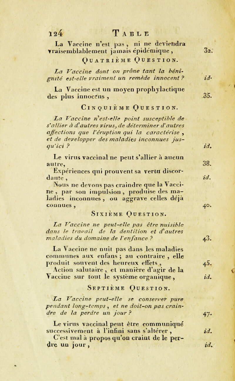 La Varcine n'est pas , ni ne deviendra Vraisemblablement jamais épidémique , 32.' Quatrième Question. La Vaccine dont on prône tant la béni- gnité est-elle vraiment un remède innocent ? id- La Vaccine est un moyen prophylactique des plus innocf us , j35. Cinquième Question. La Vaccine n'est-elle point susceptible de s'allier à d'autres virus, de déterminer d'autres affections que l'éruption qui la caractérise , et de développer des maladies inconnues jus- qu'ici ? id. Le virus vaccinal ne peut s'allier à aucun antre, 38. Expériences qui prouvent sa vertu discor- dante , id. Nous ne devons pas craindre que la Vacci- ne , par son impulsion, produise des ma- ladies inconnues , ou aggrave celles déjà connues , 40. Sixième Question. La Traccine ne peut-elle pas être nuisible dans le travail de la dentition et d'autres maladies du domaine de l'enfance ? 43. La Vaccine ne nuit pas dans les maladies communes aux en fans ; au contraire , elle produit souvent des heureux effets , 45. Action salutaire, et manière d'agir de la Vaccine sur tout le système organique, id. Septième Question. La Vaccine peut-elle se conserver pure pendant long-temps , et ne doit-on pas crain- dre de la perdre un jour ? 47. Le virus vaccinal peut être communiqué successivement à l'infini sans s'altérer , id. C'est mal à propos qu'on craint de le per- dre un jour , id.