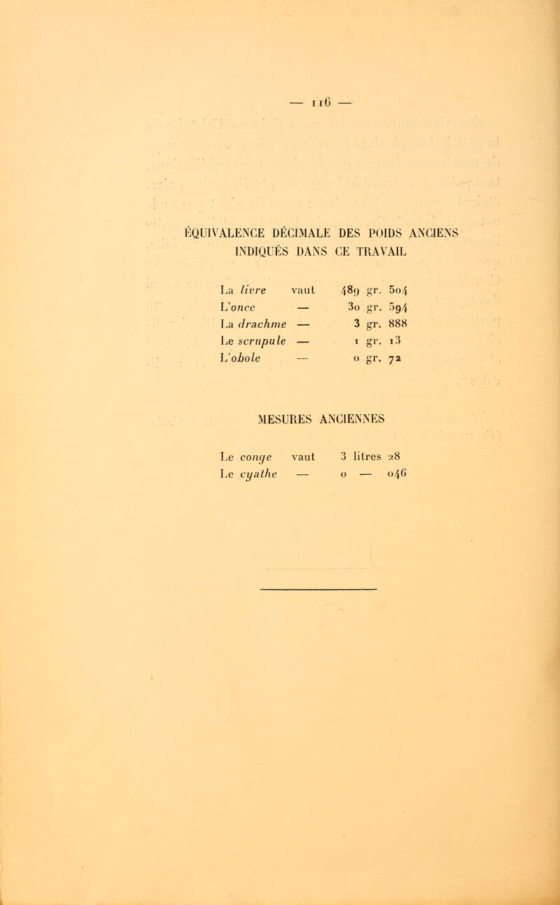 ÉQUIVALENCE DÉCIMALE DES POIDS ANCIENS INDIQUÉS DANS CE TRAVAIL La livre vaut 489 gr. 5o4 L'once — 3o gr. 594 La drachme — 3 gr. 888 Le scrupule — 1 gr. i3 L'obole o gr. 72 MESURES ANCIENNES Le congé vaut 3 litres 28 Le cyathe — o — 046