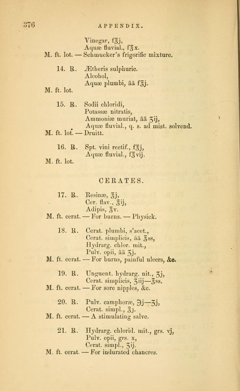 Vinegar, fgj, Aqua) fluvial., f^x. M. ft. lot. — Schuiucker's frigorific mixture. 14. R. iEtberis sulphuric. Alcohol, Aquaa plumbi, aa f^j. M. ft. lot. 15. R. Sodii chloridi, Potassae nitratis, Aminoniae muriat, aa 3ij> Aquae fluvial., q. s. ad mist, solvcnd. M. ft. lot. — Druitt. 16. R. Spt. vim rectif., f^j, Aquao fluvial., fjvij. M. ft. lot. CERATES. 17. R. Resinse, gj, Cer. flav., ^ij, Adipis, §v. M. ft. cerat. — For burns. — Physick. 18. R. Cerat. plumbi, s'acet., Cerat. simplicis, aa 3ss, Hydrarg. chlor. mit., Pulv. opii, aa $). M. ft. cerat. — For burns, paiuful ulcers, &o. 19. R. Unguent, hydrarg. nit., 5j> Cerat. simplicis, Jiij—^ss. M. ft. cerat. — For sore nipples, &c. 20. R. Pulv. camphora?, 9j—3j, Cerat. simpl., 3j. M. ft. cerat. — A stimulating salve. 21. R. Hydrarg. chlorid. mit., grs. vj; Pulv. opii, grs. x, Cerat. simpl., 3ij- M. ft. cerat. — For indurated chancres.