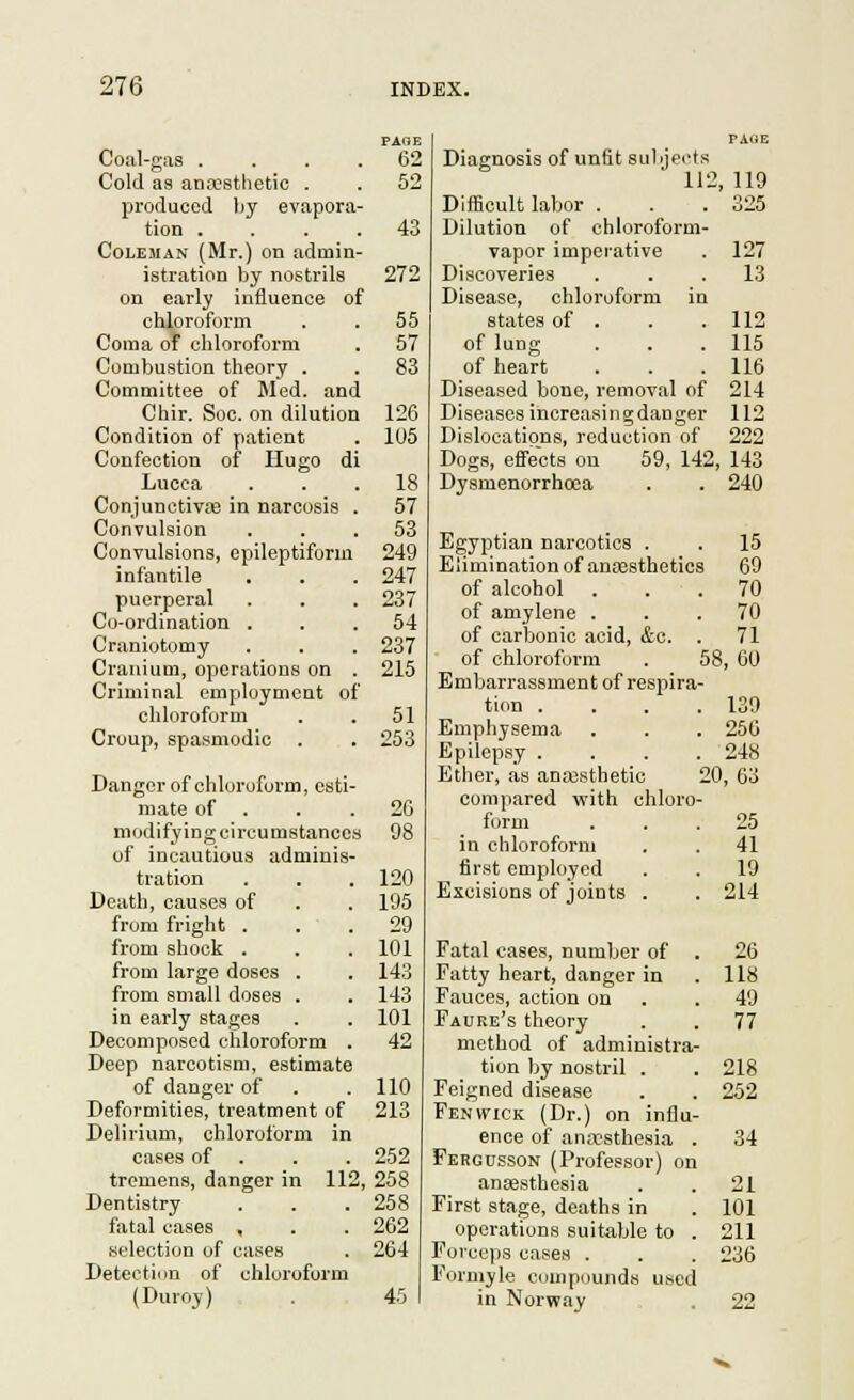 PAGE Coal-gas .... 62 Cold as anwstlietic . . 52 produced by evapora- tion .... 43 Coleman (Mr.) on admin- istration by nostrils 272 on early influence of chloroform . . 55 Coma of chloroform . 57 Combustion theory . . 83 Committee of Med. and Chir. Soc. on dilution 126 Condition of patient . 105 Confection of Hugo di Lucca ... 18 Conjunctivas in narcosis . 57 Convulsion ... 53 Convulsions, epileptiform 249 infantile . . .247 puerperal . . . 237 Co-ordination ... 54 Craniotomy . . . 237 Cranium, operations on . 215 Criminal employment of chloroform . . 51 Croup, spasmodic . . 253 Danger of chloroform, esti- mate of . . .26 modifying circumstances 98 of incautious adminis- tration . . .120 Death, causes of . . 195 from fright ... 29 from shock . . . 101 from large doses . . 143 from small doses . . 143 in early stages . .101 Decomposed chloroform . 42 Deep narcotism, estimate of danger of . .110 Deformities, treatment of 213 Delirium, chloroform in cases of . . . 252 tremens, danger in 112, 258 Dentistry . . .258 fiital cases , . . 262 selection of cases . 264 Detection of chloroform (Duroy) . 45 Diagnosis of unfit subjects 112, 119 Difficult labor . . .325 Dilution of chloroform- vapor imperative . 127 Discoveries ... 13 Disease, chloroform in states of . . .112 of lung . . . 115 of heart . . .116 Diseased bone, removal of 214 Diseases increasingdanger 112 Dislocations, reduction of 222 Dogs, effects on 59, 142, 143 Dysmenorrhcoa . . 240 Egyptian narcotics . Elimination of anaesthetics of alcohol of amylene . of carbonic acid, &o. of chloroform Embarrassment of respira- tion . Emphysema Epilepsy . Ether, as anassthetic compared with chloro- form in chloroform first employed Excisions of joints . Fatal cases, number of Fatty heart, danger in Fauces, action on Fauke's theory method of administra- tion by nostril . Feigned disease Fenvvick (Dr.) on influ- ence of anesthesia . Fergusson (Professor) on anKsthesia First stage, deaths in operations suitable to Forceps cases . Forniyle compounds used in Norway 15 69 70 70 71 58, 60 139 256 248 20, 63 25 41 19 214 26 118 49 77 218 252 21 101 211 236 22