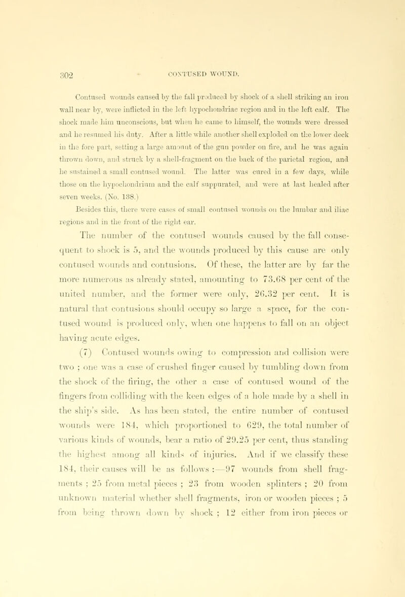 Contused wounds caused by the fall produced by shock of a shell striking an iron wall near by, were inflicted in the left hypochondriac region and in the left calf. The shock made him unconscious, but when he came to himself, the wounds were dressed and he resumed his duty. After a little while another shell exploded on the lower deck in the fore part, setting a large amount of the gun powder on fire, and he was again thrown down, and struck by a shell-fragment on the back of the parietal region, and he sustained a small contused wound. The latter was cured in a few days, while those on the hypochondrinm and the calf suppurated, and were at last healed after seven weeks. (No. 138.) Besides this, their were cases of small contused wounds on the lumbar and iliac regions and in the front of the right ear. The number of the contused wounds caused by the fall conse- quent tn shock is .>. and the wounds produced by this cause are only contused wounds and contusions. Oflhe.se. the latter are by far the more numerous as already stated, amounting to 73.68 per cent of the united number, and the former were only, 26.32 per cent. It is natural that contusions should occupy so large a space, for the con- tused wound is produced only, when one happens to fall on an object having acute edges. (7) Contused wounds owing to compression and collision wen- two : line was a ease of crushed finger caused by tumbling down from the shock of the firing, the other a ease of contused wound of the fingers from colliding with the keen edges of a hole made by a shell in the ship's side. As has been stated, the entire number of contused wounds were INI. which proportioned to 629, the total number of various kinds of wounds, hear a ratio of 29.25 per cent, thus standing the highest among all kinds of injuries. And if we classify these L84, their causes will he as follows:— '.'7 wounds from shell frag- ments : 25 from metal pieces : 23 from wooden splinters : 20 from unknown material whether shell fragments, iron or w leu pieces ; .> from being tin-own down by shock: L2 either from iron pieces or