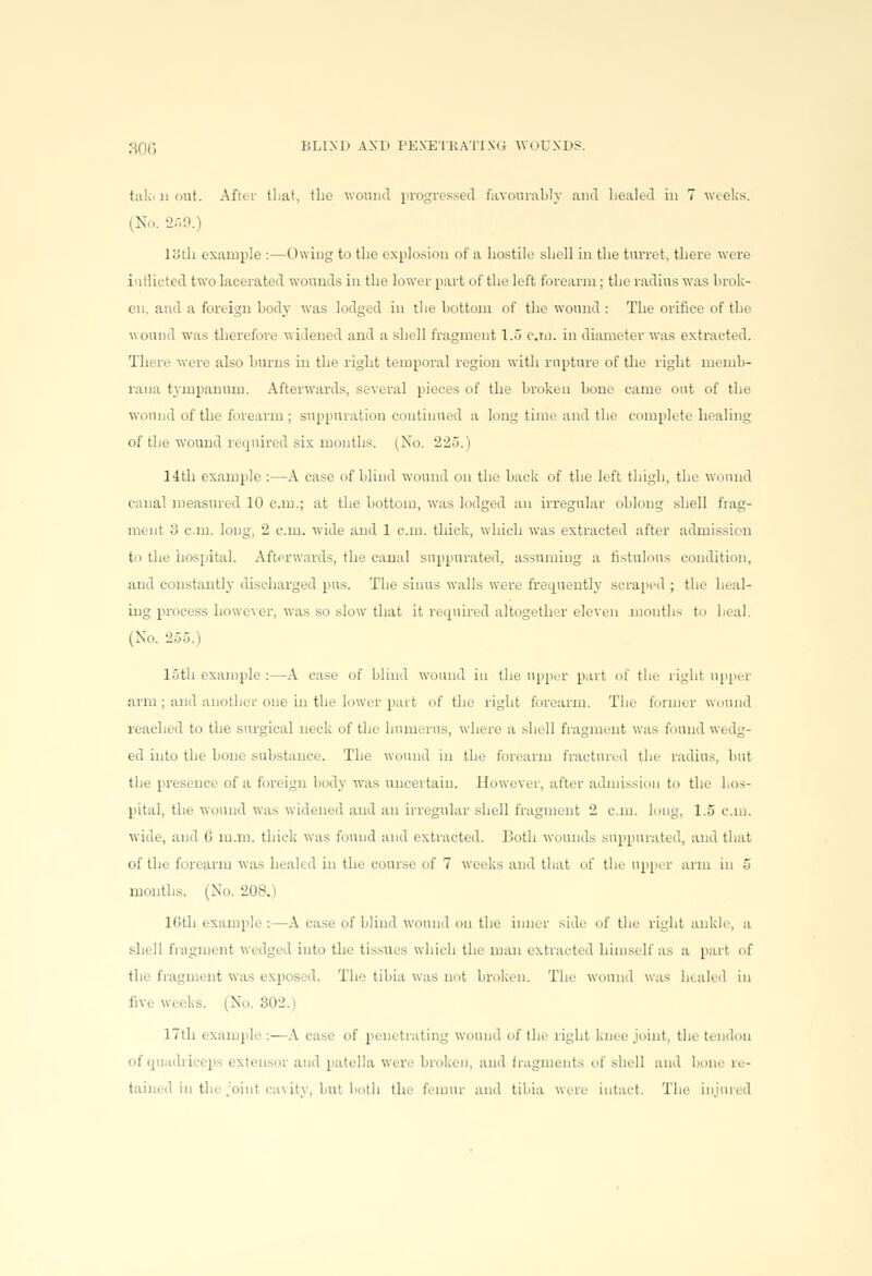 tak. 11 cut. After that, the wound progressed favourably and healed in 7 weeks. (No. 259.) loth example :—Owing to the explosion of a hostile shell in the turret, there were inflicted two lacerated wounds in the lower part of the left forearm; the radius was brok- en, and a foreign body was lodged in the bottom of the wound : The orifice of the wound was therefore widened and a shell fragment 1.5 cm. in diameter was extracted. There were also burns in the right temporal region with rupture of the right memb- rana tympanum. Afterwards, several pieces of the broken bone came out of the wound of the forearm; suppuration continued a long time and the complete healing of the wound required six months. | No. 225. i 14th example :—A case of blind wound on the back of the left thigh, the wound canal measured 10 cm.; at the bottom, was lodged an irregular oblong shell frag- ment 8 cm. long, 2 cm. wide and 1 cm. thick, which was extracted after admission t i tiie hospital. Afterwards, the canal suppurated, assuming a fistulous condition, and constantly discharged pus. The sinus walls were frequently scraped ; the heal- ing process however, was so slow that it required altogether eleven months to heal. (No. 255.) loth example :—A case of blind wound in the upper part of the right upper arm ; and another one in the lower part of the right forearm. The former wound reached to the surgical neck of the humerus, where a shell fragment was found wedg- ed into the bone substance. The wound in the forearm fractured the radius, but the presence of a foreign body was uncertain. However, after admission to the hos- pital, the wound was widened and an irregular shell fragment 2 cm. long, 1.5 cm. wide, and 0 m.m. thick was found and extracted. Both wounds suppurated, and that of the forearm was healed in the course of 7 weeks and that of the upper arm in • months. (No. 208.) 16th example :—A ease of blind wound on the inner side of the right ankli , ;i sh( 11 fragment wi dgi 1 into the tissues which the man extracted himself as a part of the fragment was exposed. The tibia was not broken. The wound was healed in five Week.-. (No 802. 17th example :•—A case of penetrating wound of the right knee joint, the tendon of quadriceps extensor and patella were broken, and fragments of shell and bone re- tained in the joiut cavity, but both the femur and tibia were intact. The injured