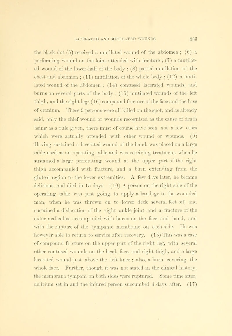 the black dot (5) received a mutilated wound of the abdomen ; (6) a perforating wound on the loins attended with fracture ; (7) a mutilat- ed wound of the lower-half of the body ; (8) partial mutilation of the chest and abdomen ; (11) mutilation of the whole body ; (1:2) a muti- lated wound of the abdomen ; (14) contused lacerated wounds, and burns on several parts of the body ; (15) mutilated wounds of the left thigh, and the right leg; (1(3) compound fracture of the face and the base of cranium. These 9 persons were all killed on the spot, and as already said, only the chief wound or wounds recognized as the cause of death being as a rule given, there must of course have been not a few cases which were actually attended with other wound or wounds. (9) Having sustained a lacerated wound of the hand, was placed on a large table used as an operating table and was receiving treatment, when he sustained a large perforating wound at the upper part of the right thigh accompanied with fracture, and a burn extending from the 'luteal region to the lower extremities. A few days later, he became delirious, and died in 15 days. (10) A person on the right side of the operating table was just going to apply a bandage to the wounded man. when he was thrown on to lower deck several feet oft, and sustained a dislocation of the right ankle joint and a fracture of the outer malleolus, accompanied with burns on the face and hand, and with the rupture of the tympanic membrane on each side. He was however able to return to service after recovery. (13) This was a case of compound fracture on the upper part of the right leg, with several other contused wounds on the head, face, and right thigh, and a large lacerated wound just above the left knee ; also, a burn covering the whole face. Further, though it was not stated in the clinical history. the membrana tympani on both sides were ruptured. Some time after, delirium set in and the injured person succumbed 4 days after. (17)