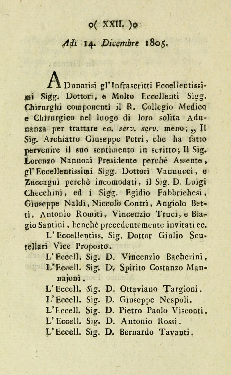 Adì 14. Dicembre 1805. A Dunatisj gl'Infrascritti Eccellentissi- mi Sigg. Dottori, e Molto Eccellenti Sis^g. Chirurghi componenti il R. Collegio Medico e Chirurgico nel luogo di loro solita Adu- nanza per trattare ec. serv. serv. meno; „ Il Sig. Archiatro Giuseppe Petri, che ha fatto pervenire il suo sentimento in scritto; Il Sig. Lorenzo Nanuoai Presidente perchè Assente , gl'Eccellentissimi Sigg. Dottori Vannucci, e Zuccagni perchè incomodati, il Sig. D. Luigi Checchini, ed i Sigg. Egidio Fabbrichesi, Giuseppe Naldi, Niccolò Contri, Angiolo Bet- ti, Antonio Romiti, Vincenzio Truci, e Bia- gio Santini, benché precedentemente invitati ec. L'Eccellentiss. Sig. Dottor Giulio Scu- tellari Vice Proposto. L'Eccell. Sig. D. Vincenzio Bacherini,, L'Eccell. Sig. D. Spirito Costanzo Man- najoni. L'Eccell. Sig. D, Ottaviano Targioni. L'Eccell. Sig. D. Giuseppe Nespoli. L'fcccell. Sig. D. Pietro Paolo Visconti. L'Eccell. Sig. D. Antonio Rossi. L'Eccell. Sig. D. Bernardo Tavanti,