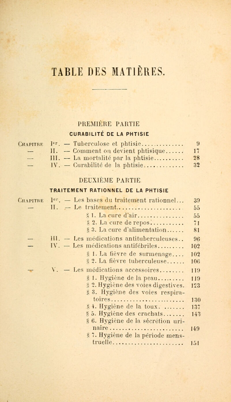 TABLE DES MATIÈRES. PREMIERE PARTIE CURABILITÉ DE LA PHTISIE Chapitre Ier. — Tuberculose et phtisie 9 — II. — Comment on devient phtisique 17 — 111. — La mortalité par la phtisie 28 — IV. — Curabilité de la phtisie 32 DEUXIÈME PARTIE TRAITEMENT RATIONNEL DE LA PHTISIE Chapitre 1er. — Les bases du traitement rationnel... 39 — II. — Le traitement 55 § 1. La cure d'air 55 § 2. La -cure de repos 71 § 3. La cure d'alimentation 81 — 111. — Les médications antituberculeuses.. 96 — IV. — Les médications antifébriles 102 .^ 1. La fièvre de surmennge 102 § 2. La fièvre tuberculeuse 10G — V. — Les médications accessoires 119 § 1. Hygiène de la peau 119 § 2. Hygiène des voies digestives. 153 § 3. Hygiène des voies respira- toires ]'.]() § k. Hygiène de la toux 137 § 5. Hygiène des crachats 143 § 6. Hygiène de la sécrétion uri- naire 149 § 7. Hygiène de la période mens- truelle 151