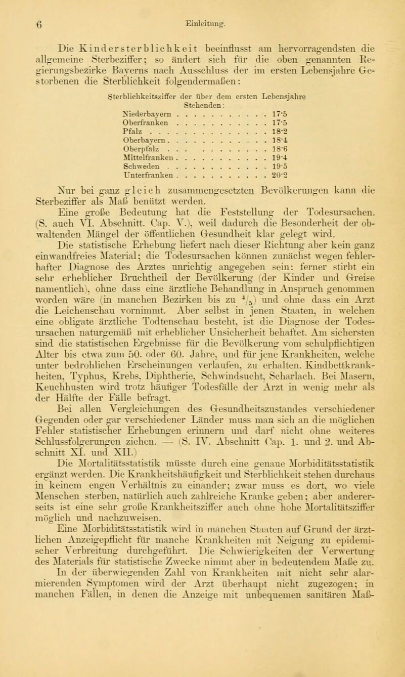 Die Kindersterblichkeit beeinnusst am hervorragendsten die allgemeine Sterbeziffer: so ändert sieh für die oben genannten Re- gierungsbezirke Bayerns nach Ausschluss der im ersten Lebensjahre Ge- storbenen die Sterblichkeit folgendermaßen: Sterblichkeitsziffer der über dem ersten Lebensjahre Stehenden: Niederbavcrn 175 Oberfranken 17-5 Pfalz 18-2 Oberbavern 18'4 Oberpfälz 186 Mittelfranken 19-i Schweden 195 TJnterfranken 20'2 Nur bei ganz gleich zusammengesetzten Bevölkerungen kann die Sterbeziffer als Maß benützt werden. Eine große Bedeutung hat die Feststellung der Todesursachen. (S. auch VI. Abschnitt. Cap. V. |, weil dadurch die Besonderheit der ob- waltenden Mängel der öffentlichen (Gesundheit klar gelegt wird. Die statistische Erhebung liefert nach dieser Richtung' aber kein ganz einwandfreies Material; die Todesursachen können ziuiäehst wegen fehler- hafter Diagnose des Arztes unrichtig angegeben sein: ferner stirbt ein sehr erheblicher Bruchtheil der Bevölkerung ider Kinder und Greise namentlich'', ohne dass eine ärztliche Behandlung in Anspruch genommen worden wäre (in manchen Bezirken bis zu J 5 und ohne dass ein Arzt die Leichenschau vornimmt. Aber selbst in jenen Staaten, m welchen eine obligate ärztliche Todtenschau besteht, ist die Diagnose der Todes- ursachen naturgemäß mit erheblicher Unsicherheit behaftet. Am sichersten sind die statistischen Ergebnisse für die Bevölkerung vom schulpflichtigen Alter bis etwa zum 50. oder 60. Jahre, und für jene Krankheiten, welche unter bedrohlichen Erscheinungen verlaufen, zu erhalten. Kindbettkrank- heiten, Typhus. Krebs. Diphtherie. Schwindsucht. Scharlach. Bei Masern, Keuchhusten wird trotz häufiger Todesfälle der Arzt in wenig mehr als der Hälfte der Fälle befragt Bei allen Vergleichungen des Gesundheitszustandes verschiedener Gegenden oder gar verschiedener Länder muss man sich an die möglichen Fehler statistischer Erhebungen erinnern und darf nicht ohne weiteres Schlussfolgerungen ziehen. — (S. IV. Abschnitt Cap. 1. und 2. und Ab- schnitt XI. und XII. Die Mortalitätsstatistik müsste durch eine genaue Morbiditätsstatistik ergänzt werden. Die Krankheitshäufigkeit und Sterblichkeit stehen durchaus in keinem engen Verhältnis zu einander; zwar muss es dort, wo viele Menschen sterben, natürlich auch zahlreiche Kranke gehen: aber anderer- seits ist eine sehr große Krankheitsziffer auch ohne hohe Mortalitätsziffer möglich und nachzuweisen. Eine Morbiditätsstatistik wird in manchen Staaten auf Grund der ärzt- lichen Anzeigepflicht für manche Krankheiten mit Neigung zu epidemi- scher Verbreitung durchgeführt Die Schwierigkeiten der Verwertung des Materials für statistische Zwecke nimmt aber in bedeutendem Maße zu. In der überwiegenden Zahl von Krankheiten mit nicht sehr alar- mierenden Symptomen wird der Arzt überhaupt nicht zugezogen: in manchen Fällen, in denen die Anzeige mit unbequemen sanitären Maß-