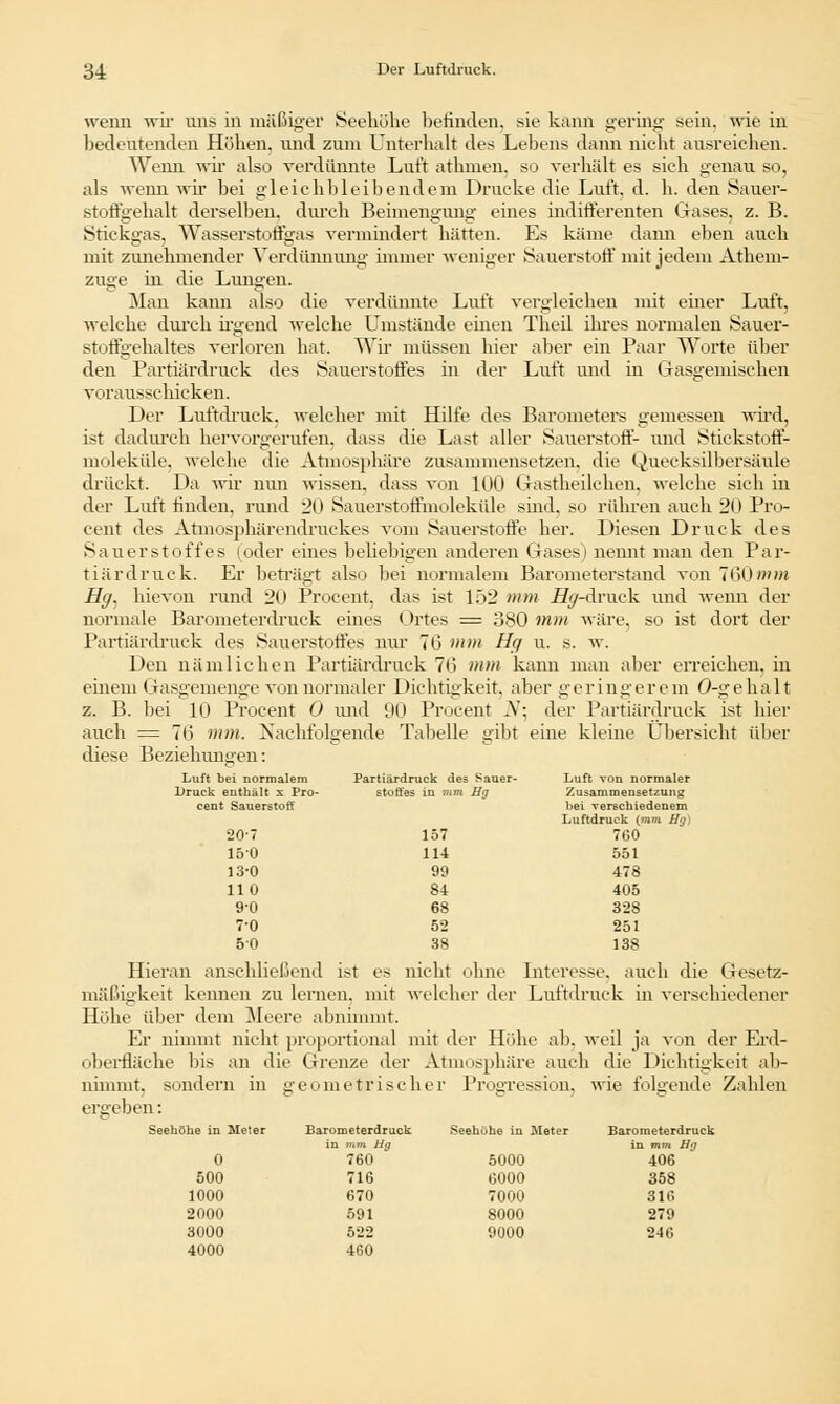 wenn wir uns in mäßiger Seekühe befinden, sie kann gering sein, wie in bedeutenden Höhen, und zum Unterkalt des Lebens dann nicht ausreichen. Wenn wir also verdünnte Luft atkmen. so verhält es sick genau so, als wenn wir bei gleichbleibendem Drucke die Luft. d. h. den Sauer- stoffgehalt derselben, durch Beimengung eines indifferenten Gases, z. B. Stickgas. Wasserstoffgas vermindert hätten. Es käme dann eben auch mit zunehmender Verdünnung immer weniger Sauerstoff mit jedem Afkein- zuge in die Lungen. Man kann also die verdünnte Luft vergleichen mit einer Luft. welche durch irgend welche Umstände einen Theil ihres normalen Sauer- stoffgehaltes verloren hat. Wir müssen hier aber ein Paar Worte über den Partiärdruck des Sauerstoffes in der Luft und in Grasgemischen vorausschicken. Der Luftdruck, welcher mit Hilfe des Barometers gemessen wkd, ist dadurch hervorgerufen, dass die Last aller Sauerstoff- und Stickstoff- moleküle, welche die Atmosphäre zusammensetzen, die Quecksilbersäule drückt. Da wir nun wissen, dass von 100 Gastheilcken. welche sick in der Luft finden, rund 20 Sauerstoffmoleküle sind, so rühren auch 20 Pro- cent des Atmosphärendruckes vom Sauerstoffe her. Diesen Druck des Sauerstoffes (oder eines beliebigen anderen Gases) nennt man den Par- tiärdruck. Er betraut also bei normalem Barometerstand von 760w»J Hg, kievon rund 20 Procent, das ist 152 mm Ä/-druck und wenn der normale Barometerdruck eines Ortes = 380 mm wäre, so ist dort der Partiärdruck des Sauerstoffes nur 76 mm H(j u. s. w. Den nämlichen Partiärdruck 7(i mm kami man aber erreichen, in einem Gasgemenge von normaler Dichtigkeit, aber geringerem O-gekalt z. B. bei 10 Procent 0 und 90 Procent 2V; der Partiärdruck ist hier auch = 76 mm. Nachfolgende Tabelle gibt eine kleine Übersicht über diese Beziehungen: Luft bei normalem Partiärdruck des Sauer- Luft von normaler LTuck enthält x Pro- Stoffes in mm Hg Zusammensetzung cent Sauerstoff bei verschiedenem Luftdruck (mm Hg) 207 157 760 150 114 551 13-0 99 478 110 84 405 9-0 68 328 7-0 52 251 50 38 138 Hieran anschließend ist es nicht ohne Interesse, auch die Gesetz- mäßigkeit kennen zu lernen, mit welcher der Luftdruck in verschiedener Höhe über dem Meere abnimmt. Er nimmt nickt proportional mit der Höhe ab, weil ja von der Erd- oberflüche bis an die Grenze der Atmosphäre auch die Dichtigkeit ali- nimmt, sondern in geometrischer Progression, wie folgende Zahlen ergeben: Seehöhe in Meier Barometerdruck in mm Hg Seehöhe in Meter Barometerdruck in mm Hg 0 760 5000 406 500 716 6000 358 1000 670 7000 316 2000 691 8000 279 3000 622 9000 246 4000 460
