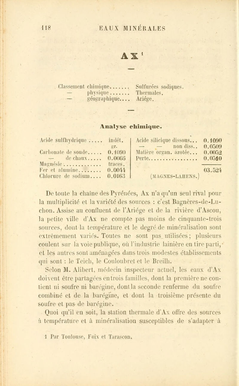 AI1 Classement chimique Sulfurées sodiques. physique Thermales. — géographique— Ariége. Analyse chimique. Acide sulfhydriquo indét. gr- Carbonate de soude 0.1090 — de chaux 0.0008 Magnésie traces. Fer et alumine O.OOVj Chlorure de sodium 0.0JG3 Acide silicique dissous... 0.1090 — — nondiss.. 0.0509 Matière brgan. azotée... 0.0052 Perte 0.0510 03.524 (MAGNES-LAHENS.) De toute la chaîne des Pyrénées, Ax n'a qu'un seul rival pour la multiplicité et la variété des sources : c'est Bagnêres-de-Lu- chon. Assise au confluent de l'Ariége et de la rivière d'Ascou, la petite ville d'Ax ne compte pas moins de cinquante-trois sources, dont la température et le degré de minéralisation sont extrêmement variés. Toutes ne sont pas utilisées ; plusieurs coulent sur la voie publique, où l'industrie lainière en tire parti, et les autres sont aménagées dans trois modestes établissements qui sont : le Teich, le Couloubret et le Breilh. Selon M. Alibert, médecin inspecteur actuel, les eaux <1 A\ doivent être partagées en trois familles, dont la première ne con- tient ni soufre ni baréginc, dont la seconde renferme du soufre combiné et de la barégi'ne, et dont la troisième présente du soufre et pas de barégine. Quoi qu'il en soit, la station thermale d'Ax offre des sources à température et à minéralisation susceptibles de s'adapter à 1 Par Toulouse. Foix et Tarascon.