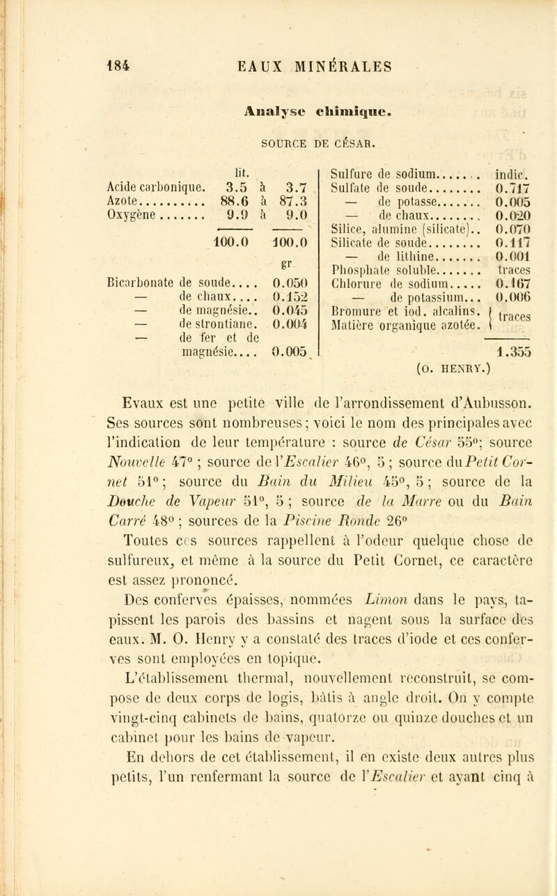 Analyse chimique. SOURCE DE CESAR. lii. Acide carbonique. 3.5 Azote 88.6 Oxygène 9.9 3.7 87.3 9.0 100.0 JOO.O Bicarbonate de soude.... 0.050 — de chaux.... 0.152 — de magnésie.. 0.045 — de strontiane. 0.004 — de fer et de magnésie 0.005 Sulfure de sodium ,. Sulfate de soude — de potasse — de chaux Silice, alumine (silicate).. Silicate de soude — de lithine Phosphate soluhle Chlorure de sodium — de potassium... Bromure et iod. alcalins. Matière organique azotée. indic. 0.717 0.005 0.020 0.070 0.117 0.001 traces 0.107 0.006 traces 1.355 (0. HENRY.) Evaux est une petite ville de l'arrondissement d'Aubusson. Ses sources sont nombreuses; voici le nom des principales avec l'indication de leur température : source de César 55°; source Nouvelle 47° ; source de l'Escalier 46°, 5 ; source duPetit Cor- net 51° ; source du Bain du Milieu 45°, 5 ; source de la Douche de Vapeur 51°, 5 ; source de la Marre ou du Bain Carré 48° ; sources de la Piscine Bonde 26° Toutes ces sources rappellent à l'odeur quelque chose de sulfureux, et même à la source du Petit Cornet, ce caractère est assez prononcé. Des conferves épaisses, nommées Limon dans le pays, ta- pissent les parois des bassins et nagent sous la surface des eaux. M. 0. Henry y à constaté des traces d'iode et ces confer- ves sont employées en topique. L'établissement thermal, nouvellement reconstruit, se com- pose de deux corps de logis, bâtis à angle droit. On y compte vingt-cinq cabinets de bains, quatorze ou quinze douches et un cabinet pour les bains de vapeur. En dehors de cet établissement, il en existe deux autres plus petits, l'un renfermant la source de Y Escalier et ayant cinq à