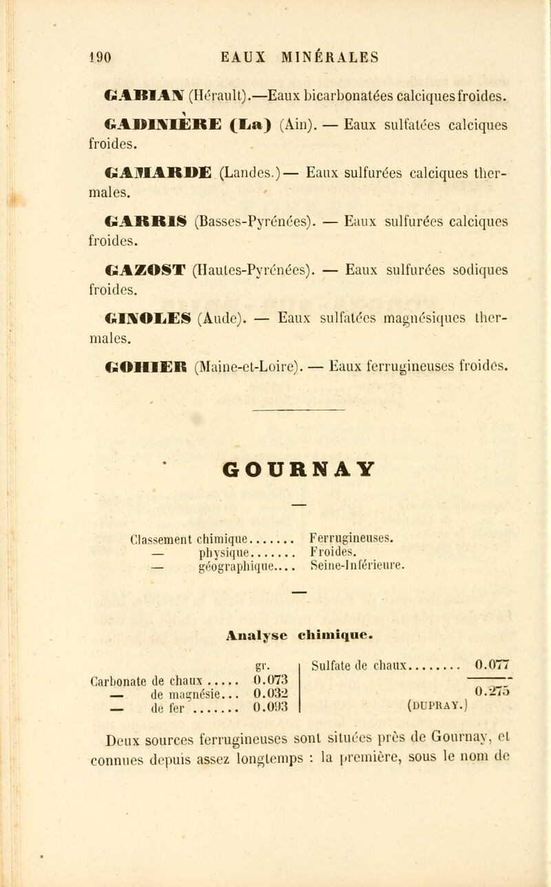 GABIAI (Hérault).—Eaux bicarbonatées calciquesfroides. GAJMJYIÈRE (lia) (Ain). — Eaux sulfatées calciques froides. CiAIflARDE (Landes.)— Eaux sulfurées calciques ther- males. GARR1S (Basses-Pyrénées). — Eaux sulfurées calciques froides. GAZOST (Hautes-Pyrénées). — Eaux sulfurées sodiques froides. GIMOEES (Aude). — Eaux sulfatées magnésiques ther- males. GOHIER (Maine-et-Loire). — Eaux ferrugineuses froides. GOURNAY Classement chimique Ferrugineuses. — physique Froides. — géographique Seine-Inférieure. Analyse chimique. Sulfate de chaux 0.077 Carbonate de chaux 0.073 — de magnésie... 0.032 — de 1er 0.0!»3 0.275 (dupray.) Deux sources ferrugineuses sont situées près de Gournay, et connues depuis assez longtemps : la première, sous le nom de