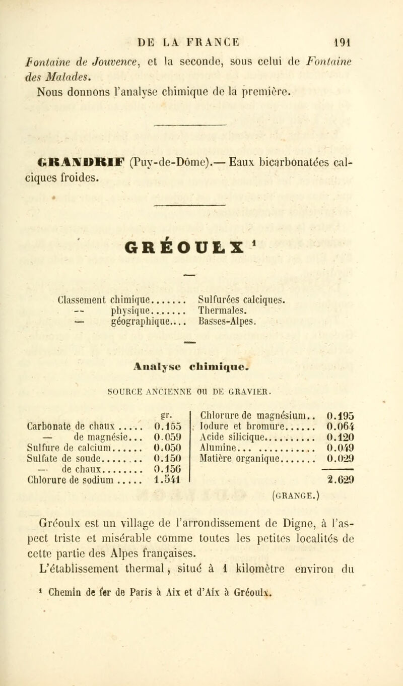 fontaine de Jouvence, et la seconde, sous celui de Fontaine des Malades. Nous donnons l'analyse chimique de la première. GRA1VDRIF (Puy-de-Dôme).— Eaux bicarbonatées cal- ciques froides. GREOULX Classement chimique Sulfurées calciques. physique Thermales. — géographique.... Basses-Alpes. Analyse chimique. SOURCE ANCIENNE OU DE GRAVIER. Carbonate de chaux 0.155 — de magnésie... 0.05!) Sulfure de calcium 0*050 Sulfate de soude 0.150 — de chaux 0.156 Chlorure de sodium 1.5il Chlorure de magnésium.. 0.195 lodure et bromure 0.06i Acide silicique 0.120 Alumine 0.049 Matière organique 0.029 2.629 (grange.) Gréoulx est un village de l'arrondissement de Digne, à l'as- pect triste et misérable comme toutes les petites localités de cette partie des Alpes françaises. L'établissement thermal, situé à 1 kilomètre environ du 1 Chemin de fer de Paris à Aix et d'Aix à Gréoulx.