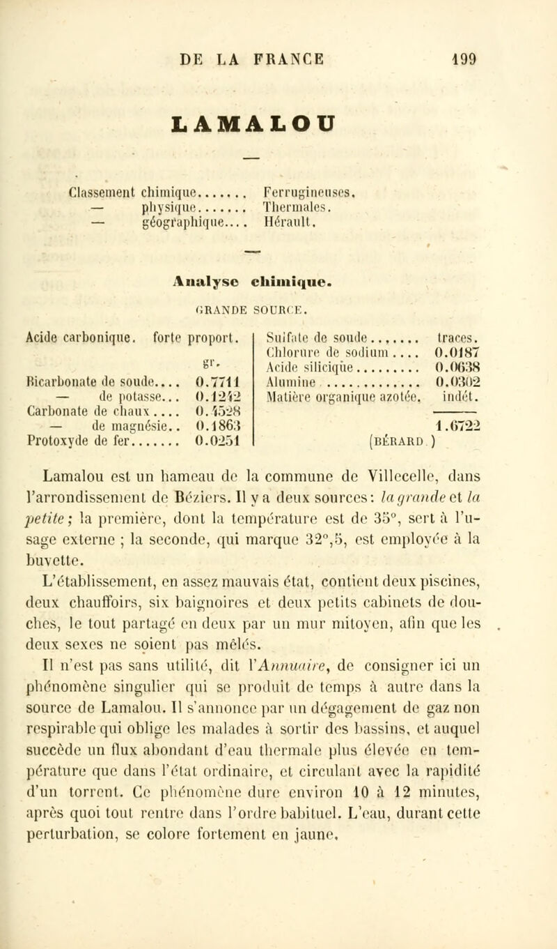 LAMALOU Classement chimique Ferrugineuses. — physique Thermales. — géographique.... Hérault. Analyse chimique. CRANDE SOURCE. Acide carbonique, forte proport. Bicarbonate Je soude... — de potasse.. Carbonate de chaux ... — de magnésie. gr. 0.7711 04242 0.4528 0.186:5 Protoxyde de fer 0.0231 Sulfate Je sou Je traces. Chlorure Je sodium .... 0.0187 AciJe siliciqùe 0.0038 Alumine 0.0302 Matière organique azotée. imlét. (bérard ) 1.6722 Lamalou est un hameau de la commune de Villecelle, dans l'arrondissement de Béziers. Il y a deux sources: la grande et la petite ; la première, dont la température est de 35°, sert à l'u- sage externe ; la seconde, qui marque 32°,5, est employée à la buvette. L'établissement, en assez mauvais état, contient deux piscines, deux chauffoirs, six baignoires et deux petits cabinets de dou- ches, le tout partagé en deux par un mur mitoyen, afin que les deux sexes ne soient pas mêlés. Il n'est pas sans utilité, dit Y Annuaire, de consigner ici un phénomène singulier qui se produit de temps à autre dans la source de Lamalou. Il s'annonce par un dégagement de gaz non respirable qui oblige les malades à sortir des bassins, et auquel succède un flux abondant d'eau thermale plus élevée en tem- pérature que dans l'état ordinaire, et circulant avec la rapidité d'un torrent. Ce phénomène dure environ 10 à 12 minutes, après quoi tout rentre dans l'ordre habituel. L'eau, durant cette perturbation, se colore fortement en jaune.