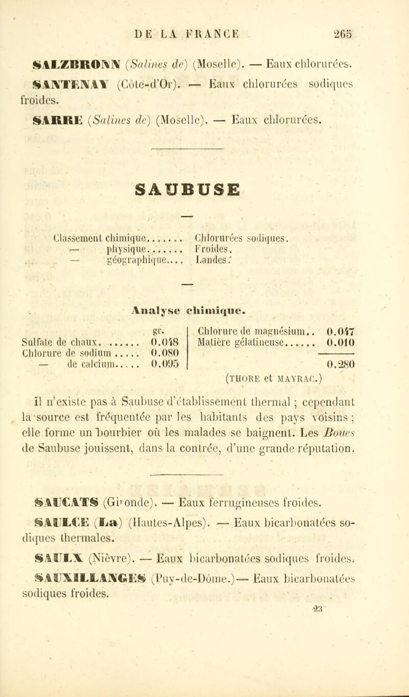 *%l/AIÎRO:v\ (Salines de) (Moselle). — Eaux chlorurées. SANTENAY (Cùte-d'Or). — Eaux chlorurées sodiques froides. SARRE (Salines de) (Moselle). — Eaux chlorurées. SAUBUSE Classement chimique Chlorurées sodiijues. — physique Froides. géographique— Landes. Analyse chimique. S1'- Sulfate de chaux 0.0Ï8 Chlorure de sodium 0.080 — de calcium 0.095 Chlorure de magnésium.. 0.047 Matière gélatineuse 0.010 0.2S0 (thore et MAYUAC.) Il n'existe pas à Saubuse d'établissement thermal ; cependant la source est fréquentée par les habitants des pays voisins; elle forme un bourbier où les malades se baignent. Les Boues de Saubuse jouissent, dans la contrée, d'une grande réputation. SAUCATS (Gi'Onde). — Eaux ferrugineuses froides. SAUIXE (lia) (Hautes-Alpes). — Eaux bicarbonatées 80- diques thermales. SAUE.X (Nièvre). — Eaux bicarbonatées sodiques froides. SACXILJLAXGES (Puy-de-Dôme.)— Eaux bicarbonatées sodiques froides.