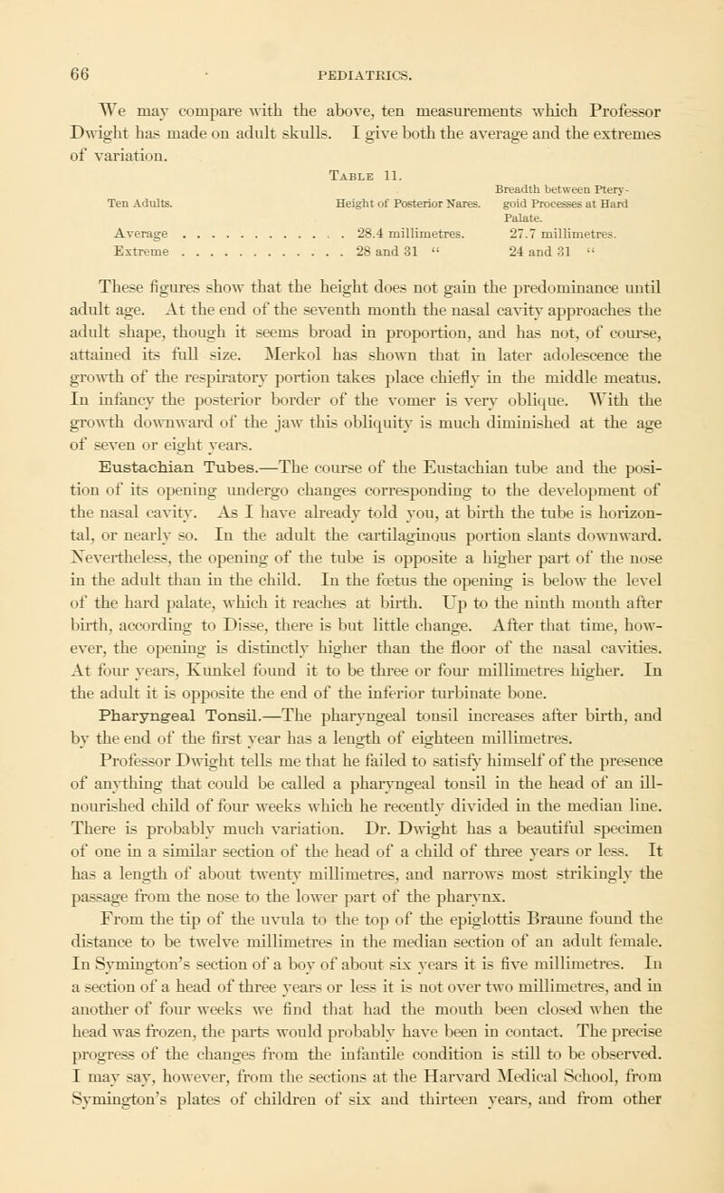 We may compare with the above, ten measurements which Professor Dwight has made on adult skulls. I give both the average and the extremes of variation. Table 11. Breadth between Ptery- Ten Adults. Height of Posterior Nares. gold Processes at Hard Palate. Average 28.4 millimetres. 27.7 millimetres. Extreme 28 and 31  24 and 31  These figures show that the height does not gain the predominance until adult age. At the end of the seventh month the nasal cavity approaches the adult shape, though it seems broad in proportion, and has not, of course, attained its full size. Merkol has shown that in later adolescence the gmwth of the respiratory portion takes place chiefly in the middle meatus. In infancy the posterior border of the vomer is very oblique. With the growth downward of the jaw this obliquity is much diminished at the age of .-even or eight years. Eustachian Tubes.—The course of the Eustachian tube and the posi- tion ill' its opening undergo changes corresponding to the development of the nasal cavity. As I have already told you, at birth the tube is horizon- tal, or nearly so. In the adult the cartilaginous portion slants downward. Nevertheless, the opening of the tube is opposite a higher part of the nose in the adult than in the child. In the fetus the opening i- below the level of the hard palate, which it reaches at birth. Up to the ninth month after birth, according to Disse, there is but little change. After that time, how- ever, the opening is distinctly higher than the floor of the nasal cavities. At four years, Kunkel found it to be three or four millimetres higher. In the adult it is opposite the end of the inferior turbinate bone. Pharyngeal Tonsil.—The pharyngeal tonsil increases after birth, and by the end of the first year has a length of eighteen millimetre-. Professor Dwight tells me that he failed to satisfy himself of the presence of anything that could be called a pharyngeal tonsil in the head of an ill- nourished child of four weeks which he recently divided in the median line. There is probably much variation. Dr. Dwight has a beautiful specimen of one in a similar section of the head of a child of three years or less. It has a length of about twenty millimetres, aud narrows most strikingly the passage from the nose to the lower part of the pharynx. From the tip of the uvula to the top of the epiglottis Braune found the ili-tance to be twelve millimetre- in the median section of an adult female. In Symington's section of a boy of about six years it is five millimetres. In a section of a head of three years or less it is not over two millimetres, and in another of four weeks we find that had the mouth been closed when the head was frozen, the parts would probably have been in contact. The precise progress of the changes from the infantile condition is still to be observed. I may say, however, from the sections at the Harvard Medical School, from Symington's plates of children of six and thirteen years, and from other